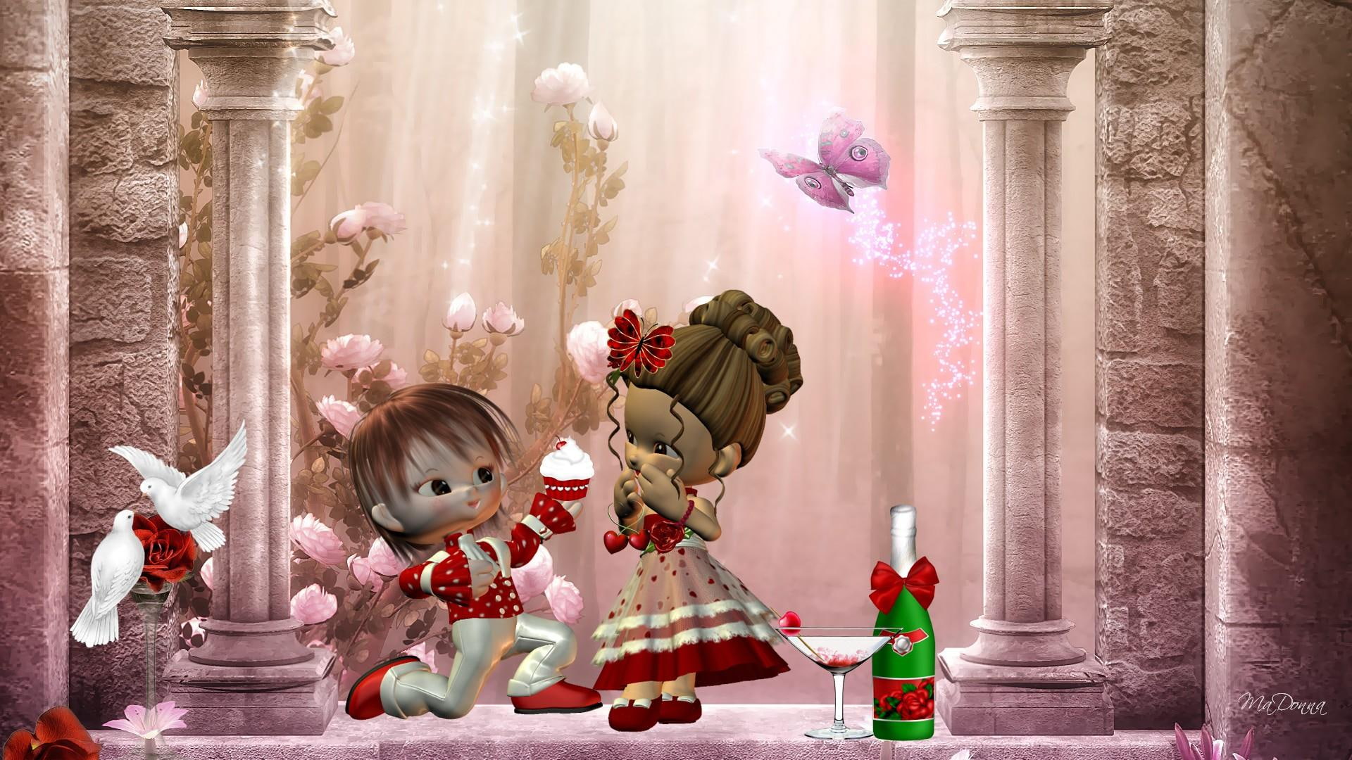 whimsical, 1080P, valentines day, columns, doves, papillon, love, declaring, dolls, champagne, cupcake, roses, cute, HD Wallpaper