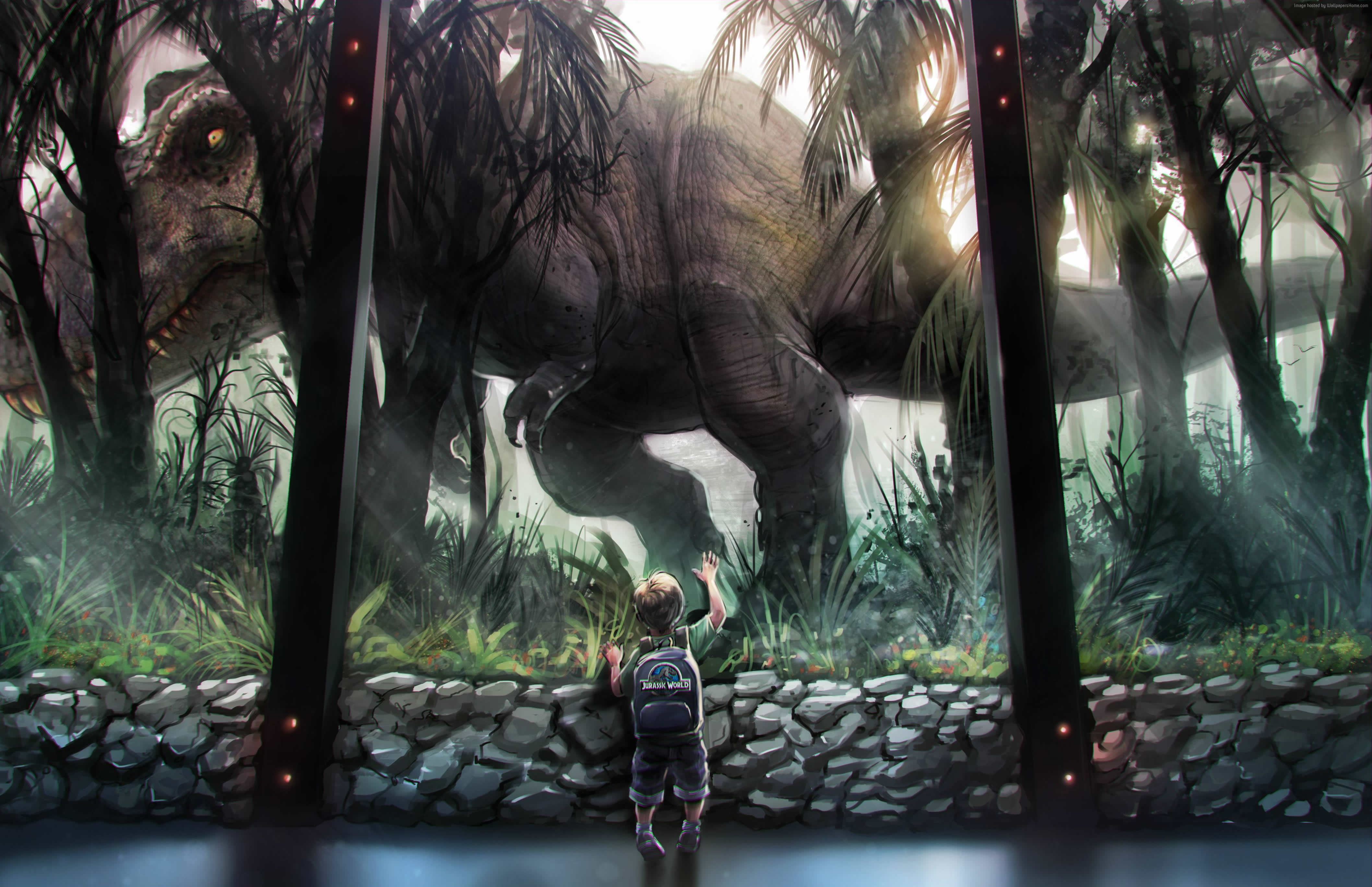 Jurassic World, film, 4K, terrarium, Nick Robinson, dinosaur, Best Movies of 2015, window glass, Jake Johnson, Dinosaurs, movie, boy, Chris Pratt, HD Wallpaper