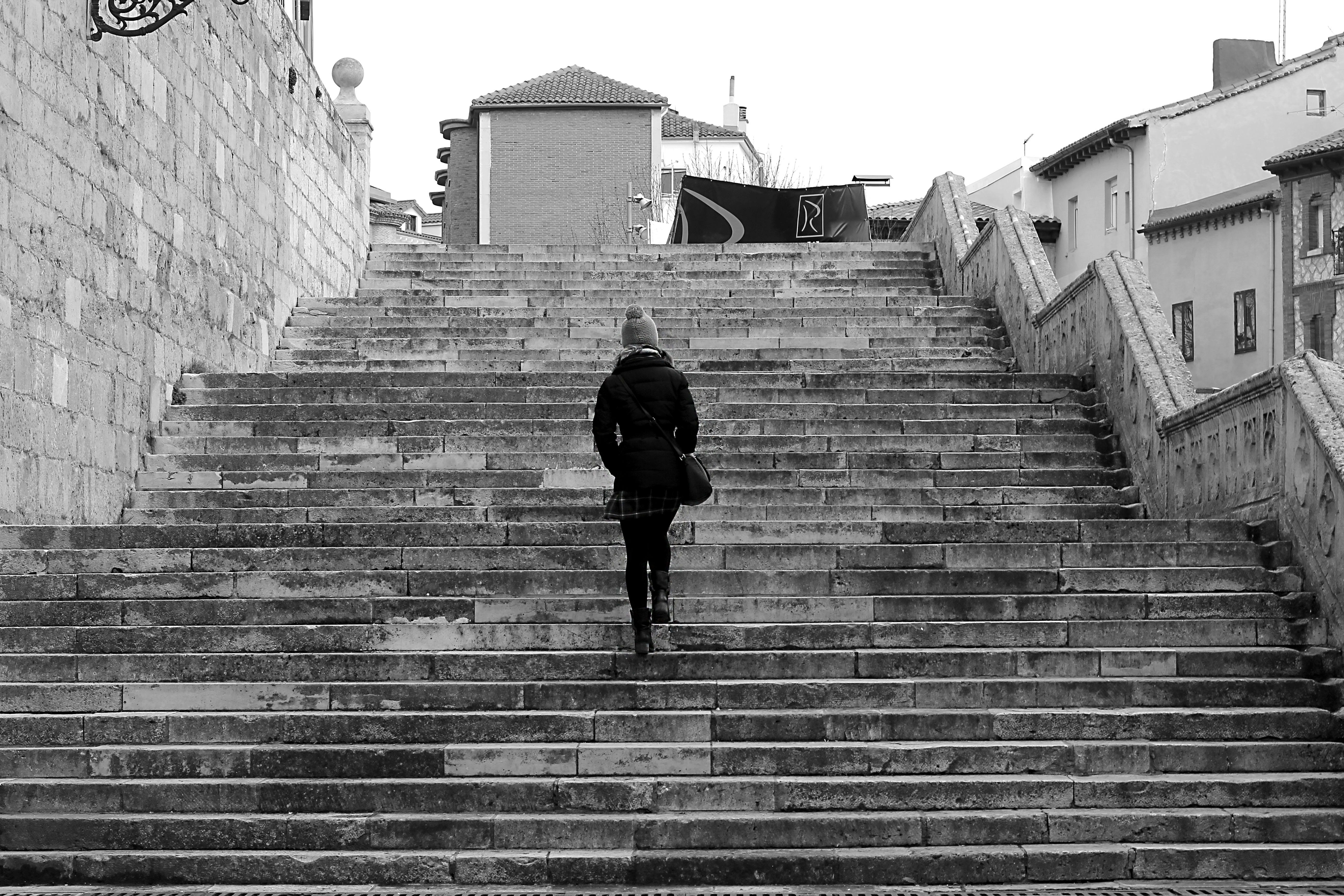 steps and staircases, full length, girl, street, steps, white, single, photography, emotion, outdoors, historic centre, monochrome, young, the way forward, HD Wallpaper