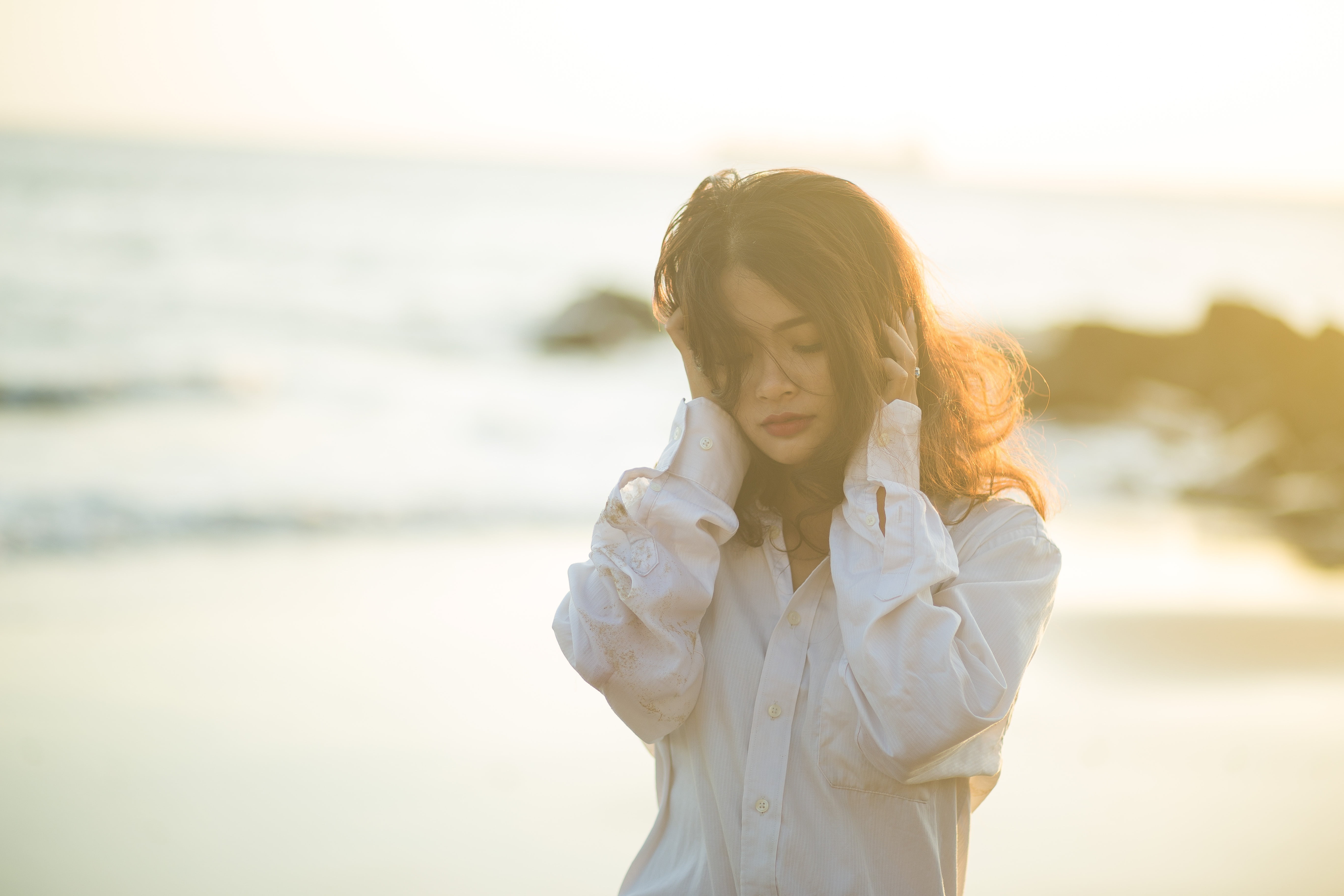 wearing, child, people, beach, reverse sun, contemplation, 5K, nature, waist up, children only, alone, one person, scrabble, hair, sea, long hair, beautiful woman, HD Wallpaper