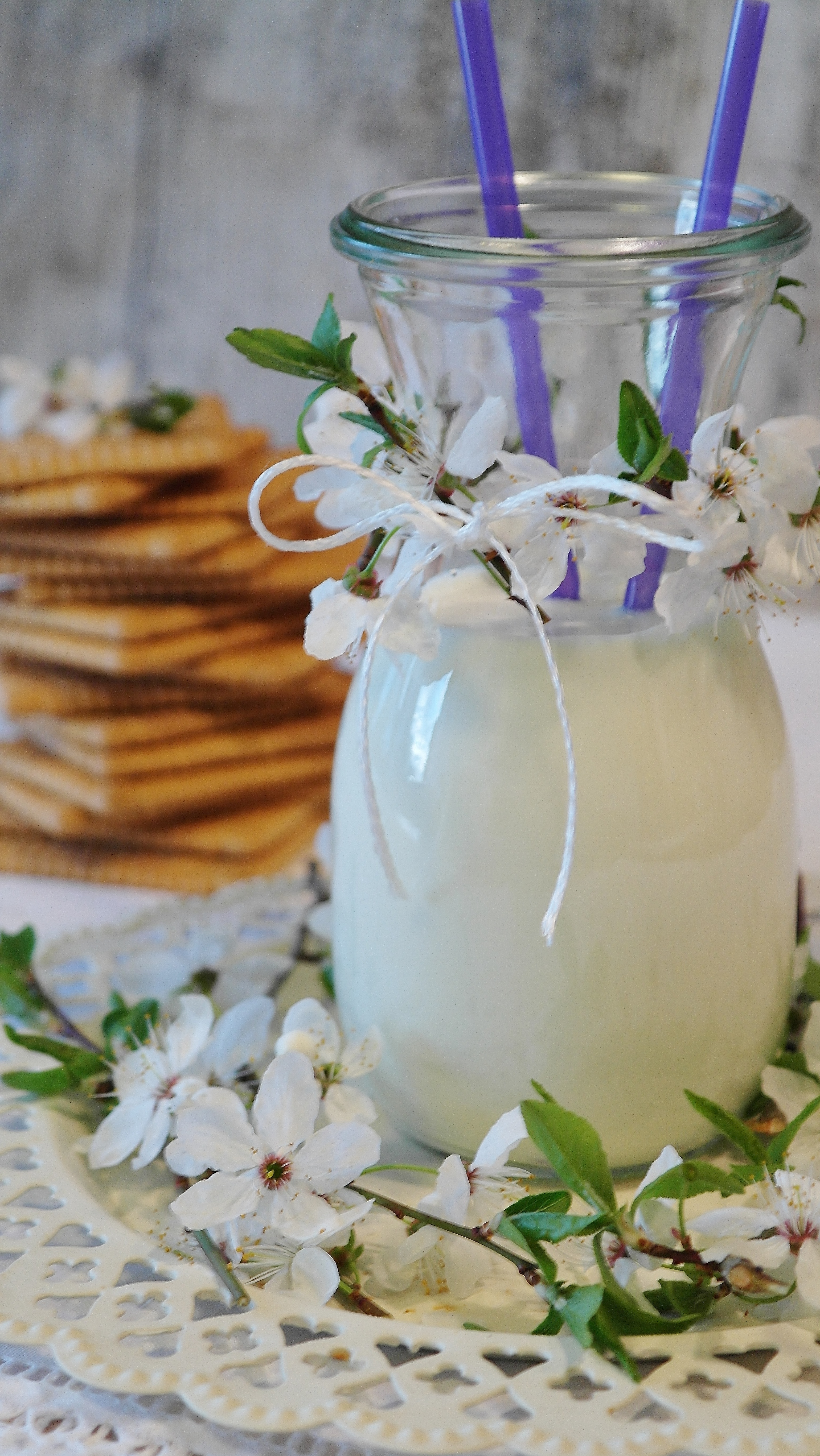 refreshment, indoors, still life, cookies, jar, nature, glass of milk, blossom, temptation, healthy, nutrition, straw, glass - material, break, frisch, Phone HD Wallpaper