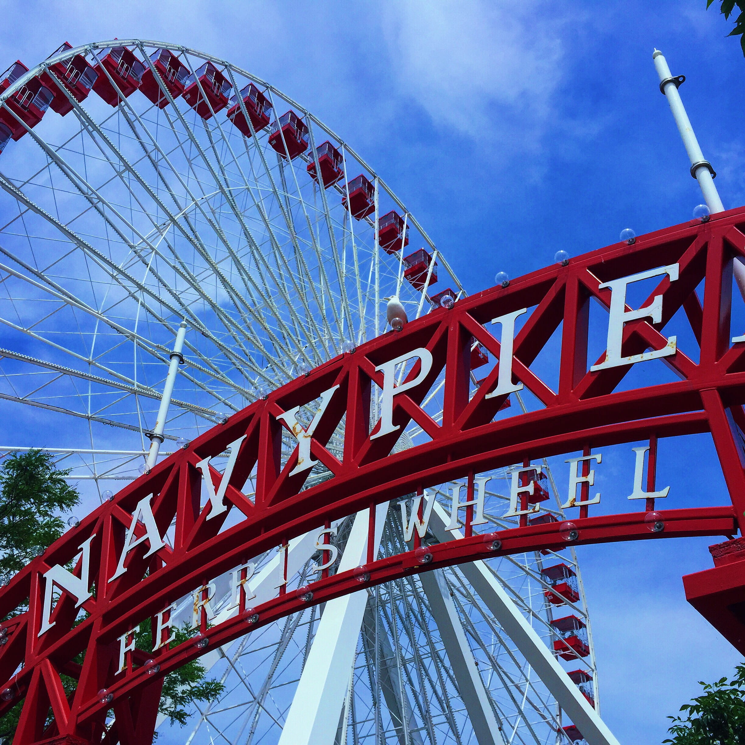 red, chicago, travel destinations, excitement, cloud - sky, sign, navy pier, outdoors, blue, object, no people, day, low angle view, 1080P, architecture, Phone HD Wallpaper