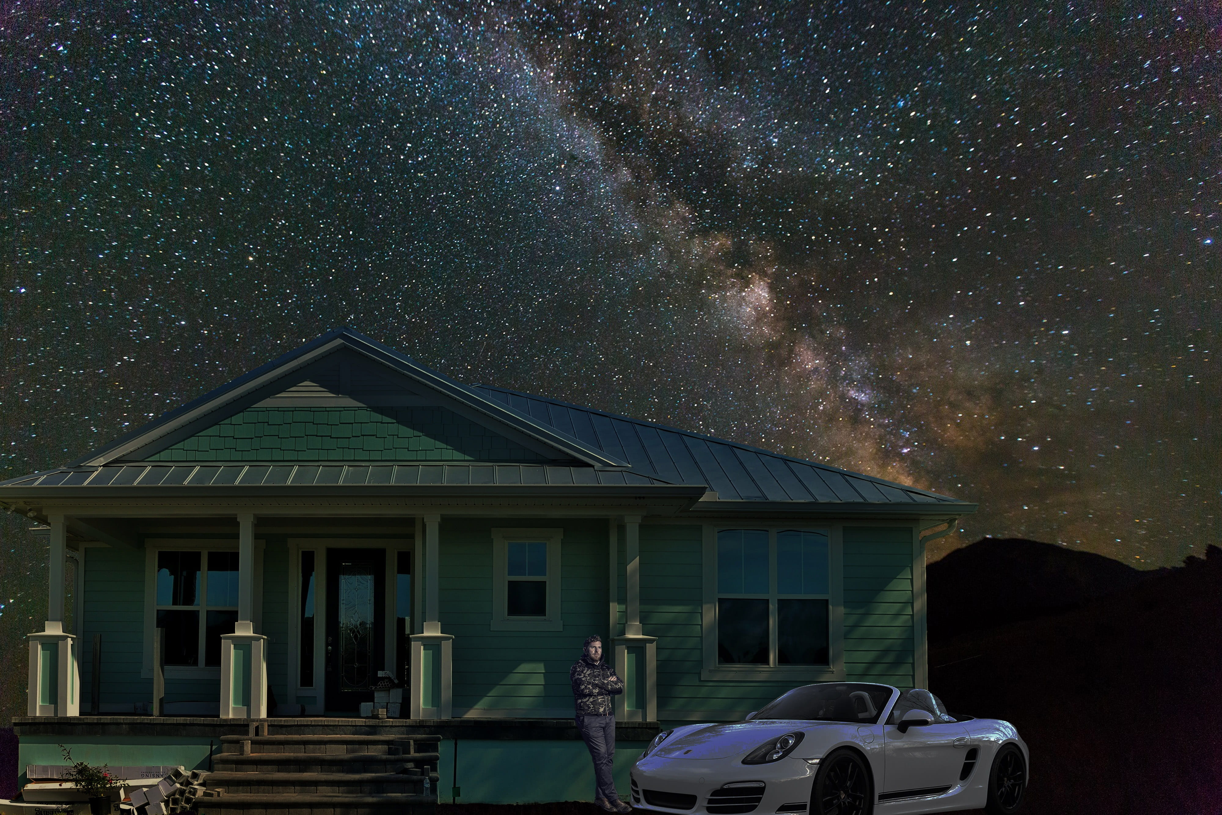 lonely, nature, man, architecture, constellation, space, milky way, emotional, scenics - nature, home, porsche, stars, 4K, night, astronomy, car, star field, HD Wallpaper