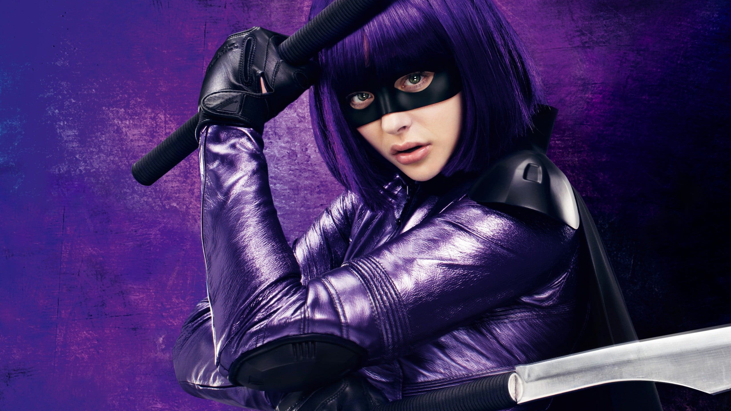leather, indoors, looking at camera, beautiful woman, young women, Chloë Grace Moretz, women, real people, character, Kick-Ass, woman, 2K, purple, portrait, HD Wallpaper