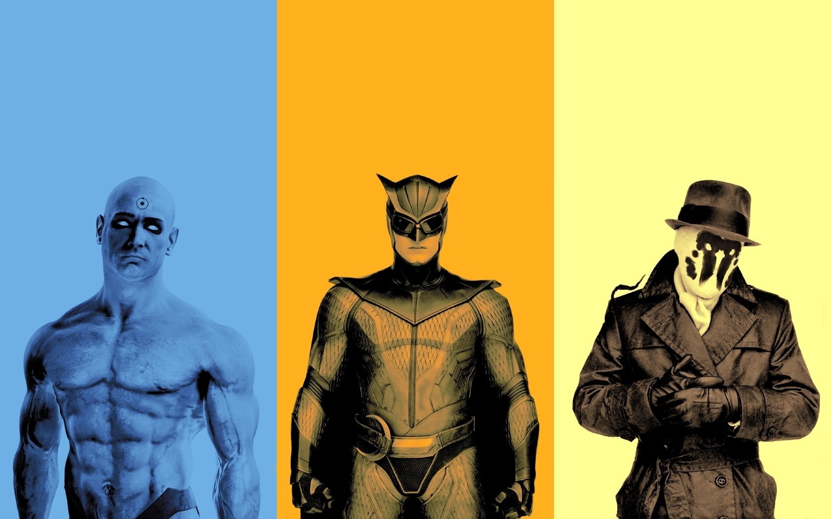 studio shot, people, creativity, yellow, digital composite, watchmen movies rorschach dr_ manhattan superhero nite owl, front view, mask - disguise, mask, HD Wallpaper