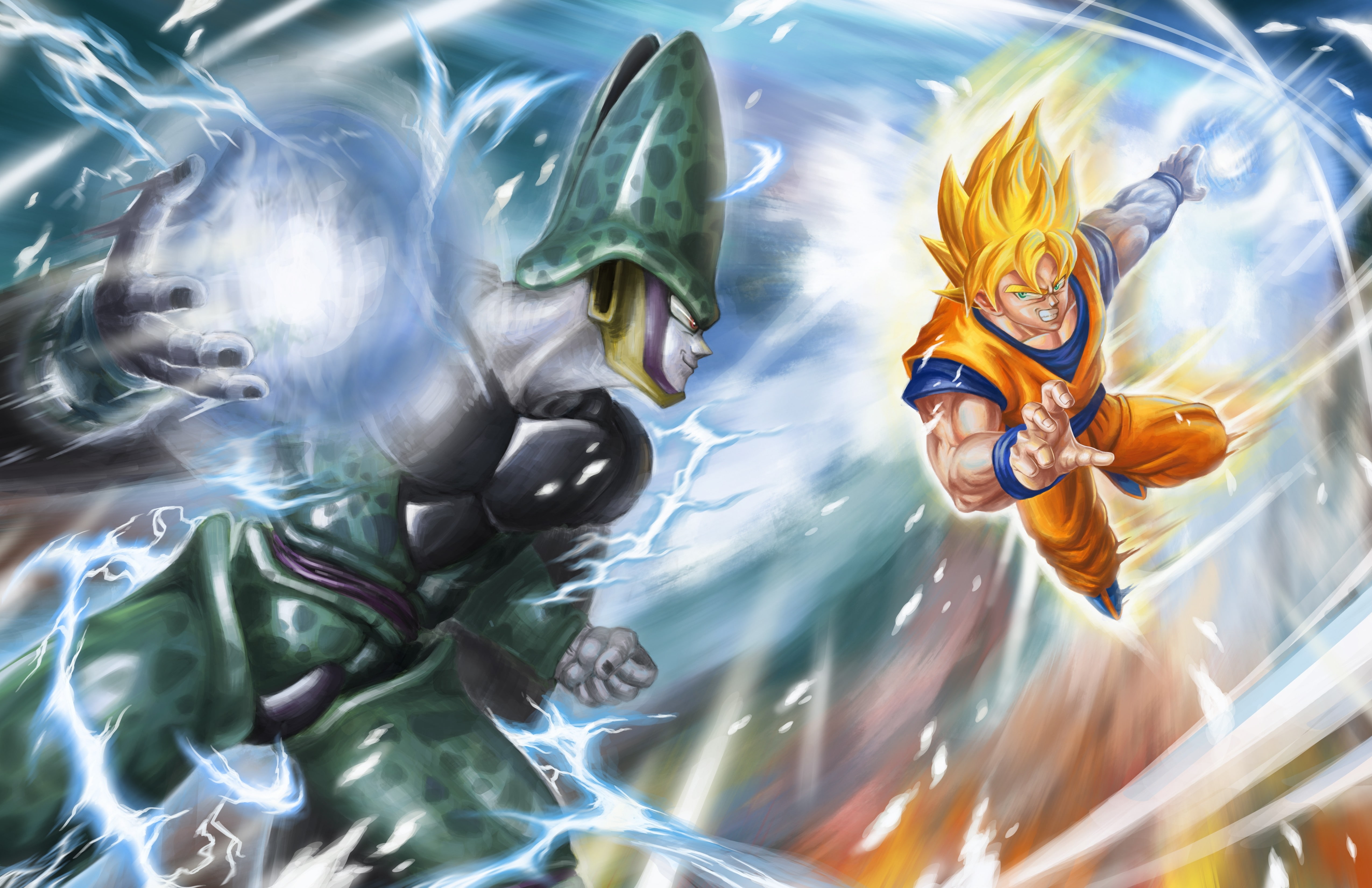 nature, fight, leisure activity, pool, art and craft, Anime, outdoors, swimming, 4K, motion, waterfront, dragon ball z, representation, cell, underwater, HD Wallpaper