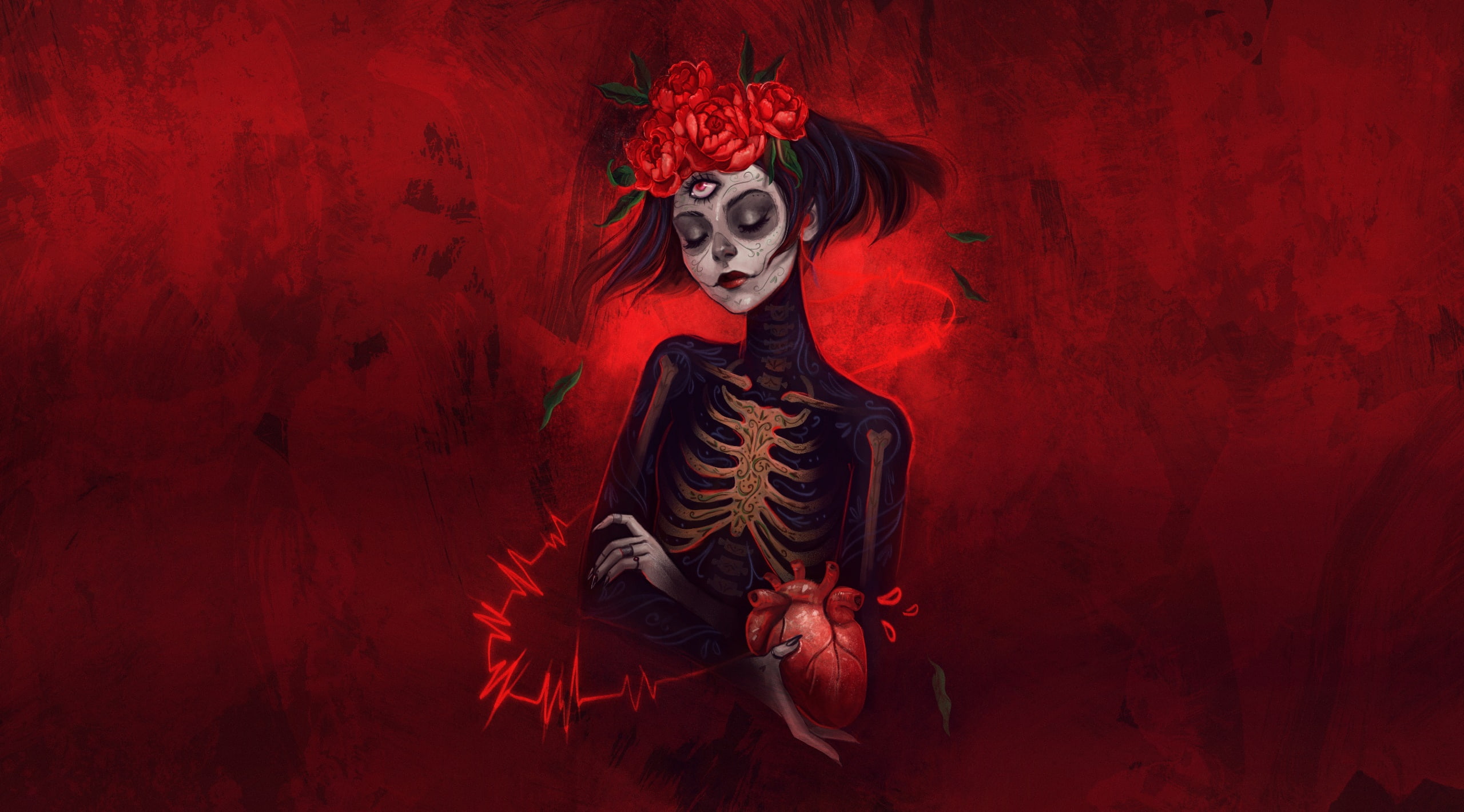 human body part, spooky, celebration, make-up, fear, red, halloween, fantasy girl, nature, horror, clothing, artwork, beautiful woman, females, hairstyle, HD Wallpaper