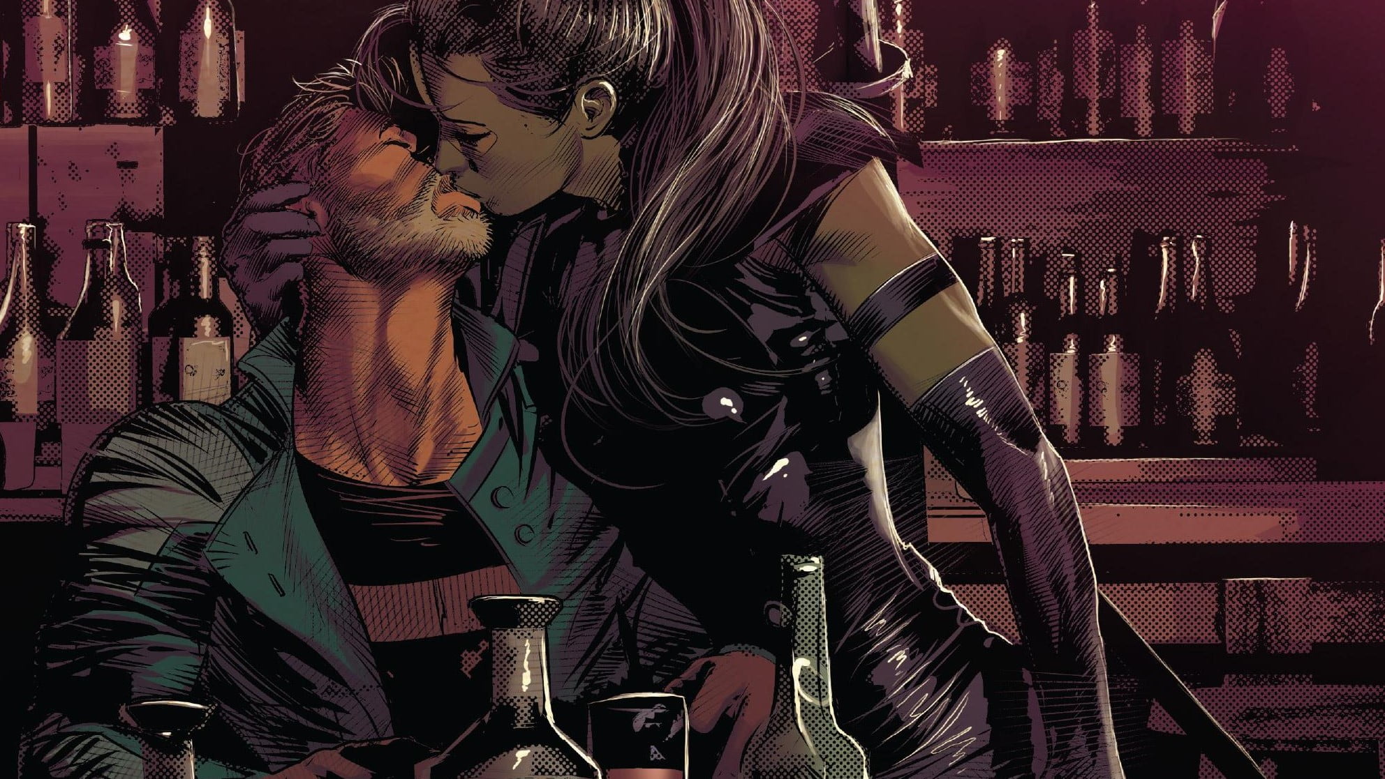 Cable, comics, Star Lord, 1080P, kissing, comic art, alcohol, superheroines, Domino, superhero, comic books, Marvel Comics, Comic Girls, HD Wallpaper