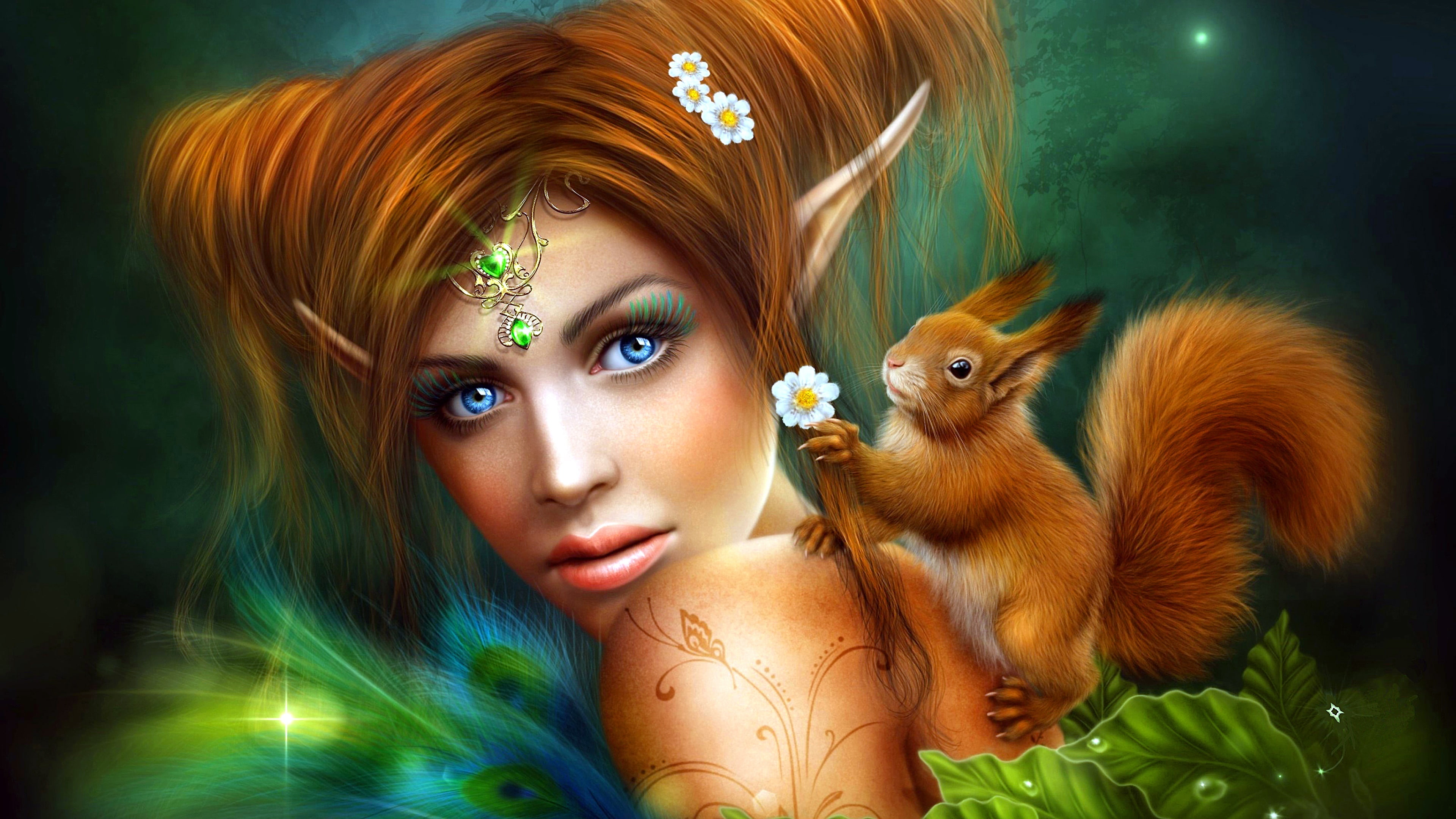 blue eyes, digital art, artwork, digital painting, squirrel, girl, face, fantasy art, 4K, HD Wallpaper