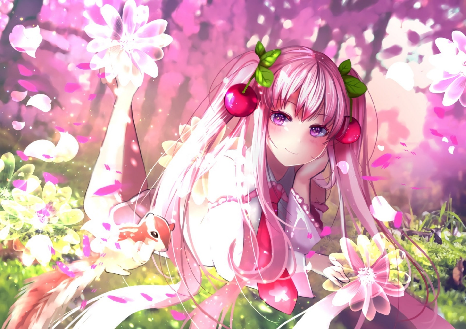 Sakura Miku, Long Hair, Animal, Twintails, Flower, 1080P, Blush, Vocaloid, Cherry, Fruit, Smile, Petal, Girl, Pink Eyes, Anime, Tie, Squirrel, Pink Hair, HD Wallpaper