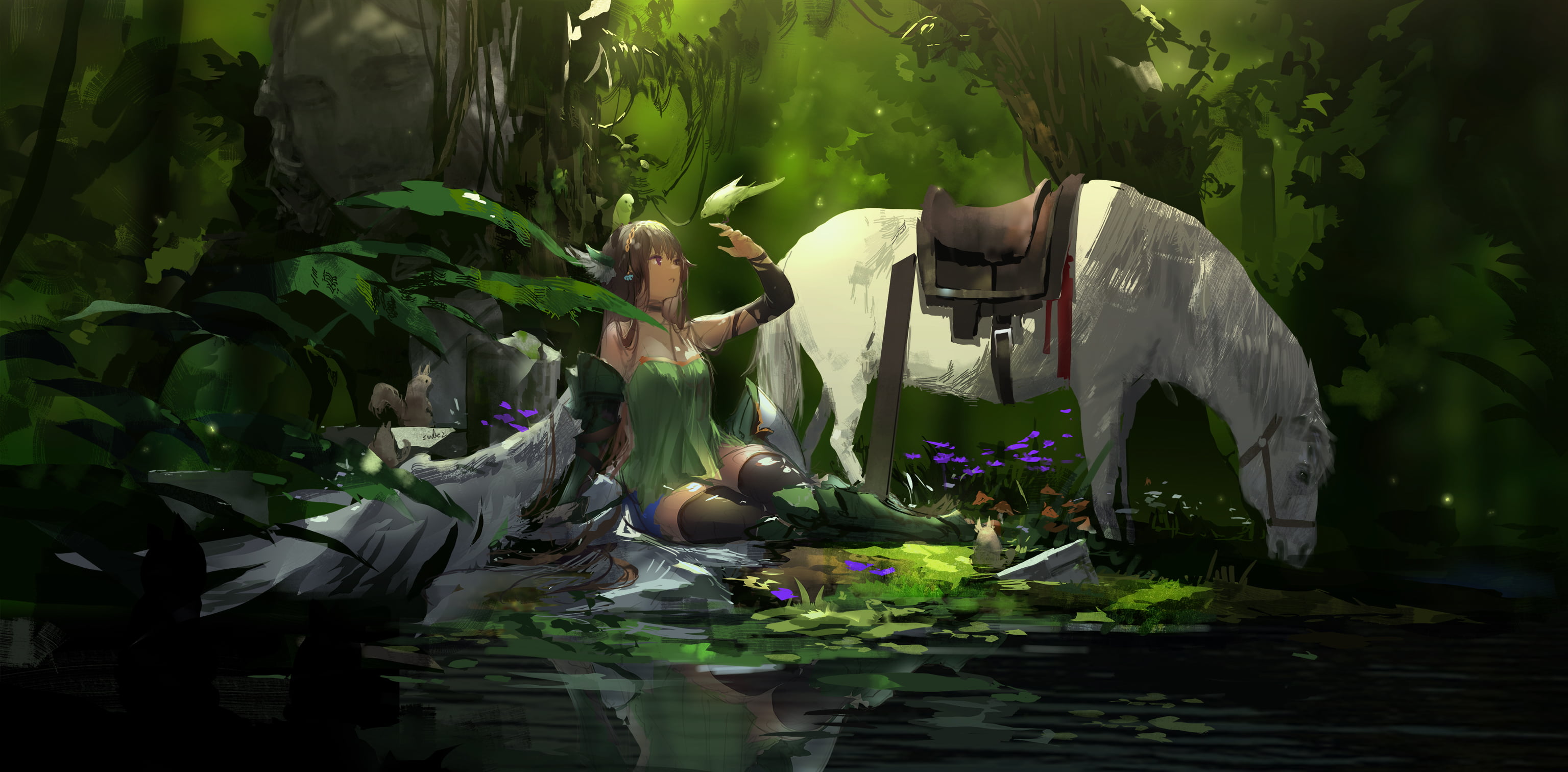 2K, forest, anime, anime girls, horse, squirrel, parrot, brunette, river, HD Wallpaper