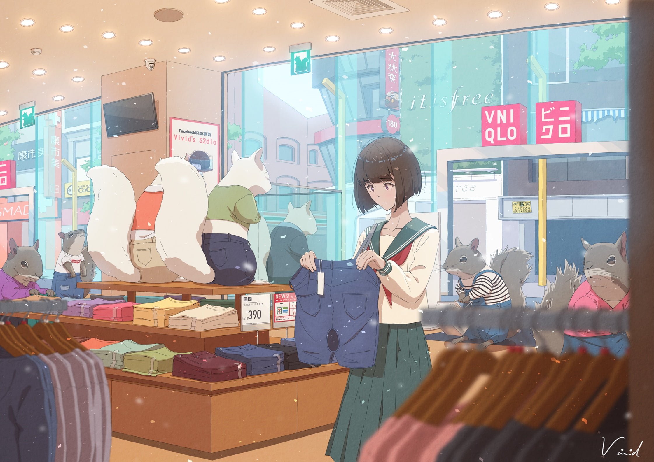 squirrel, pants, anime, stores, brunette, anime girls, 1080P, short hair, school uniform, purple eyes, shopping, HD Wallpaper