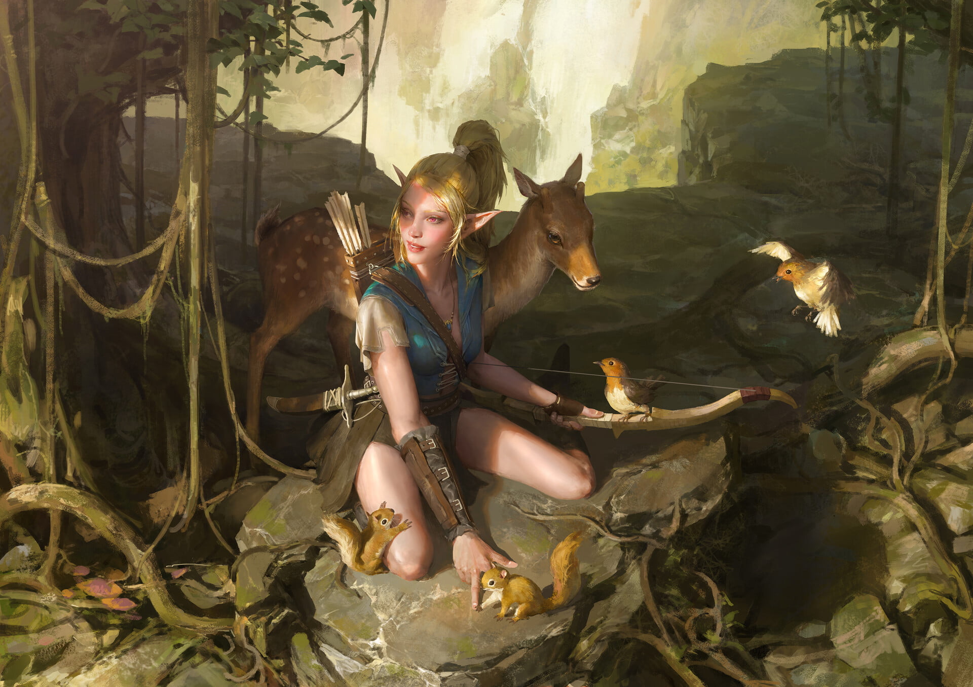 elf  girl, archer, 1080P, birds, Senfeng Chen, fantasy art, deer, hunter, squirrel, forest, HD Wallpaper