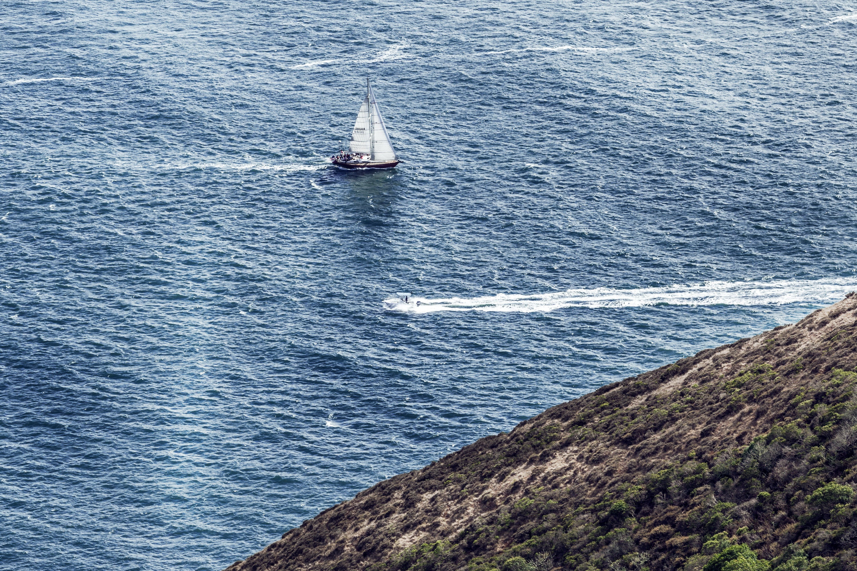 adventure, blue, motion, scenics - nature, highland, sea, sailing ship, yachting, nautical vessel, 2K, rock - object, yacht, outdoor, no people, day, body, HD Wallpaper