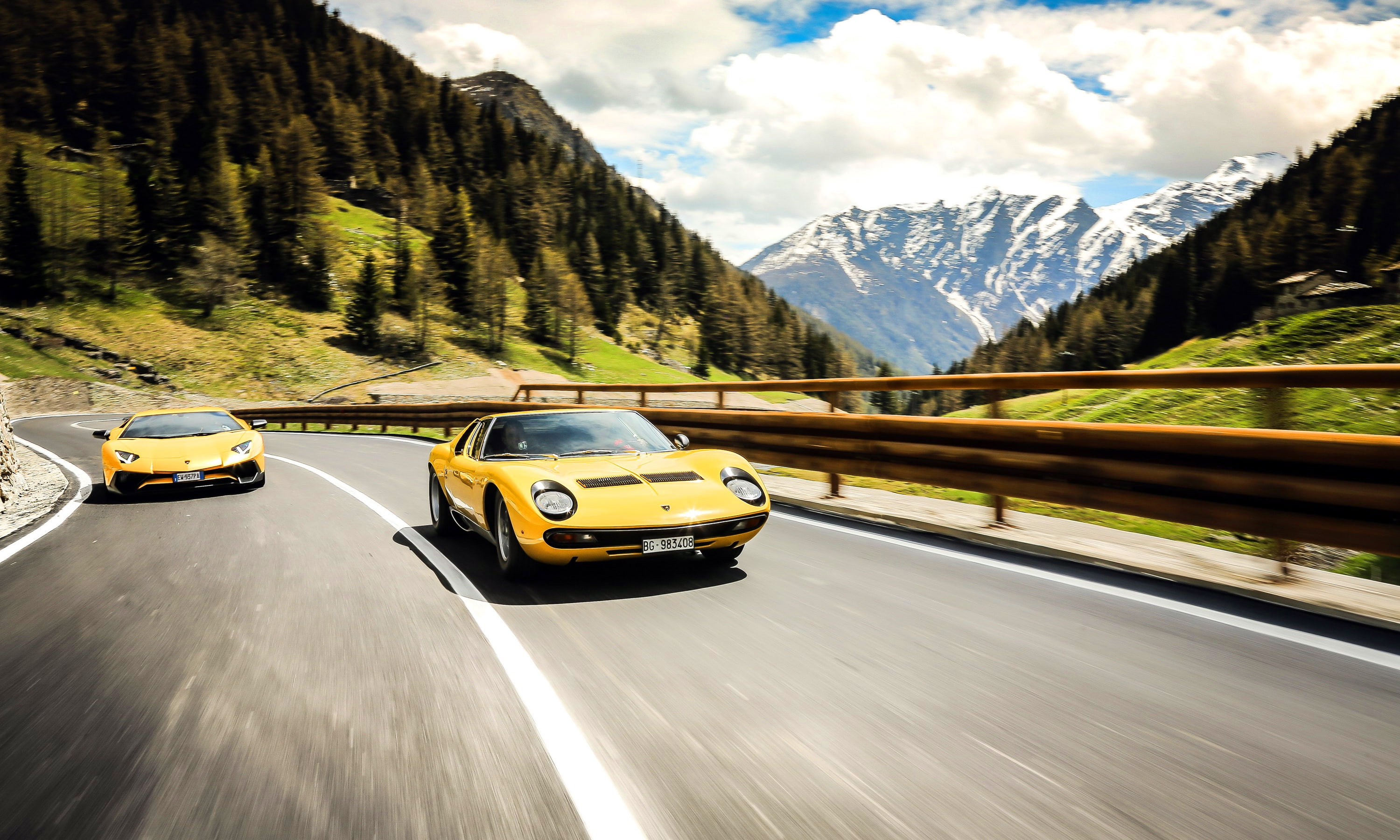 Lamborghini Aventador, Lamborghini, 2K, road, mountains, vehicle, Lamborghini Miura, yellow cars, car, HD Wallpaper