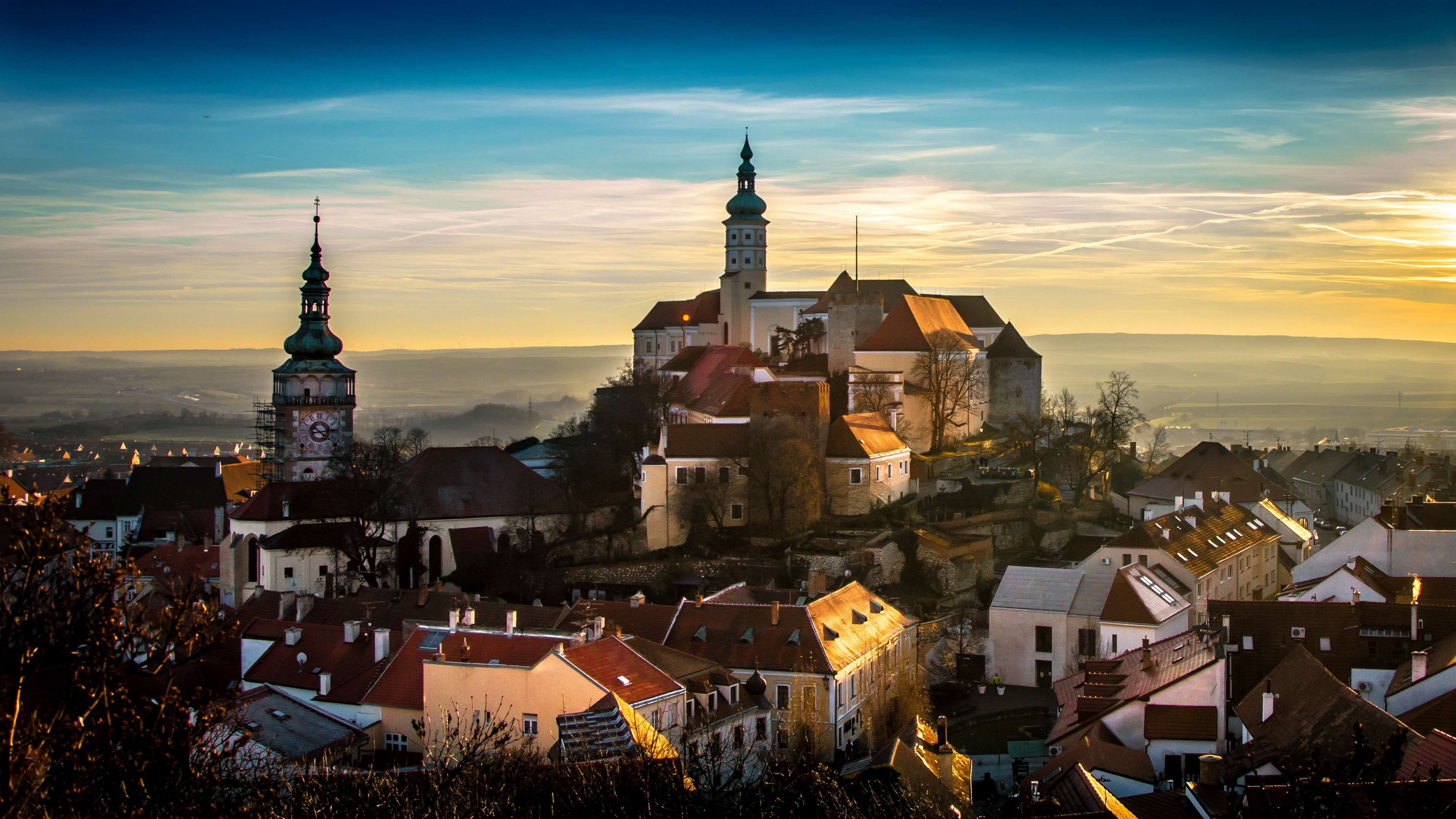 place of worship, building exterior, built structure, city, 4K, steeple, outdoors, czech republic, old building, spire, sunset, townscape, monument, tourism, HD Wallpaper