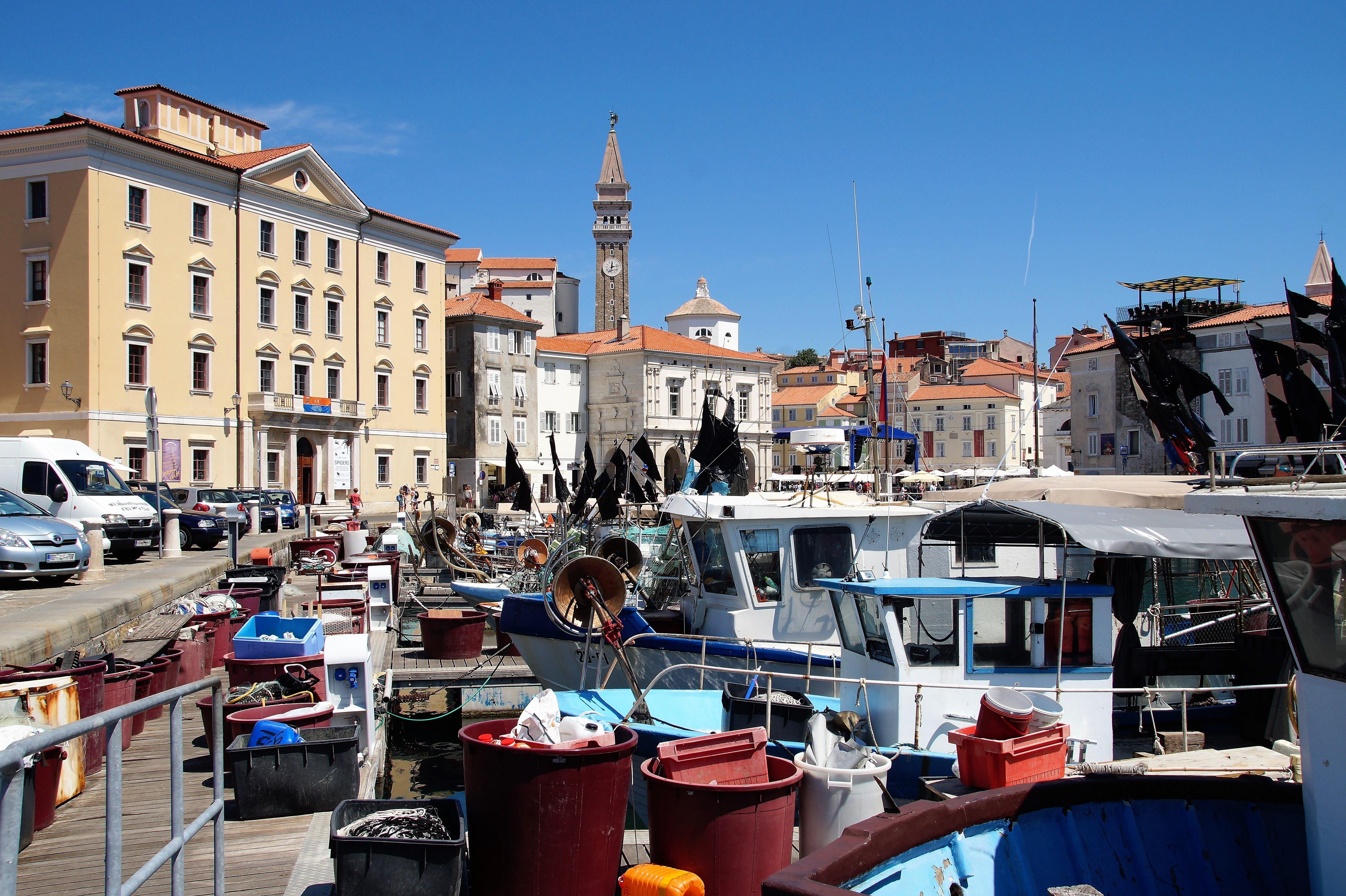 canal, nautical vessel, ancient, day, architecture, transportation, nature, seaside, fishing port, 5K, blue, old town, town, travel, slovenia, the historic city of, HD Wallpaper
