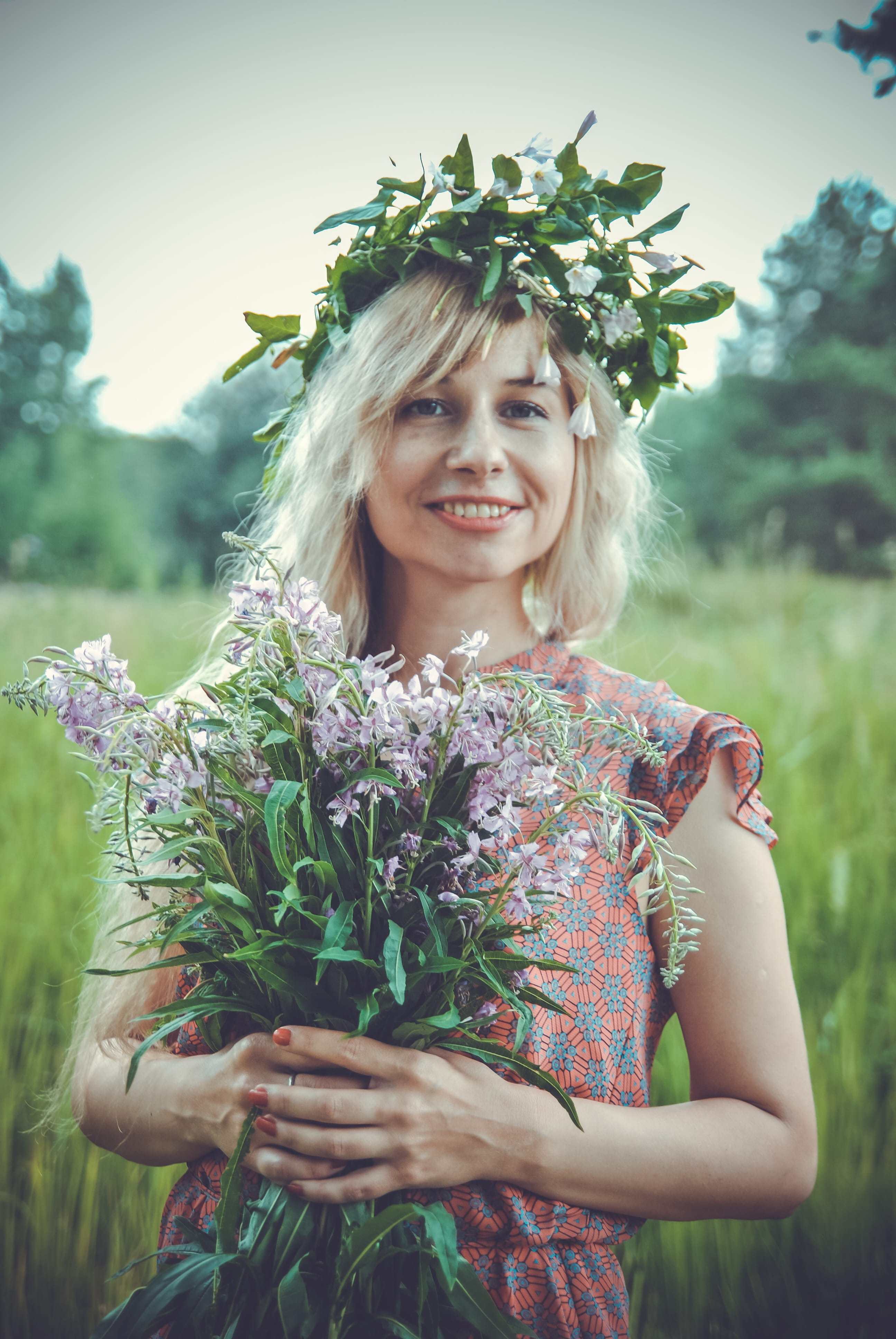 in the summer of, portrait, one person, waist up, women, outdoors, adult, woman, corsage, hairstyle, bouquet in the hands, beautiful woman, spring, young adult, Phone HD Wallpaper