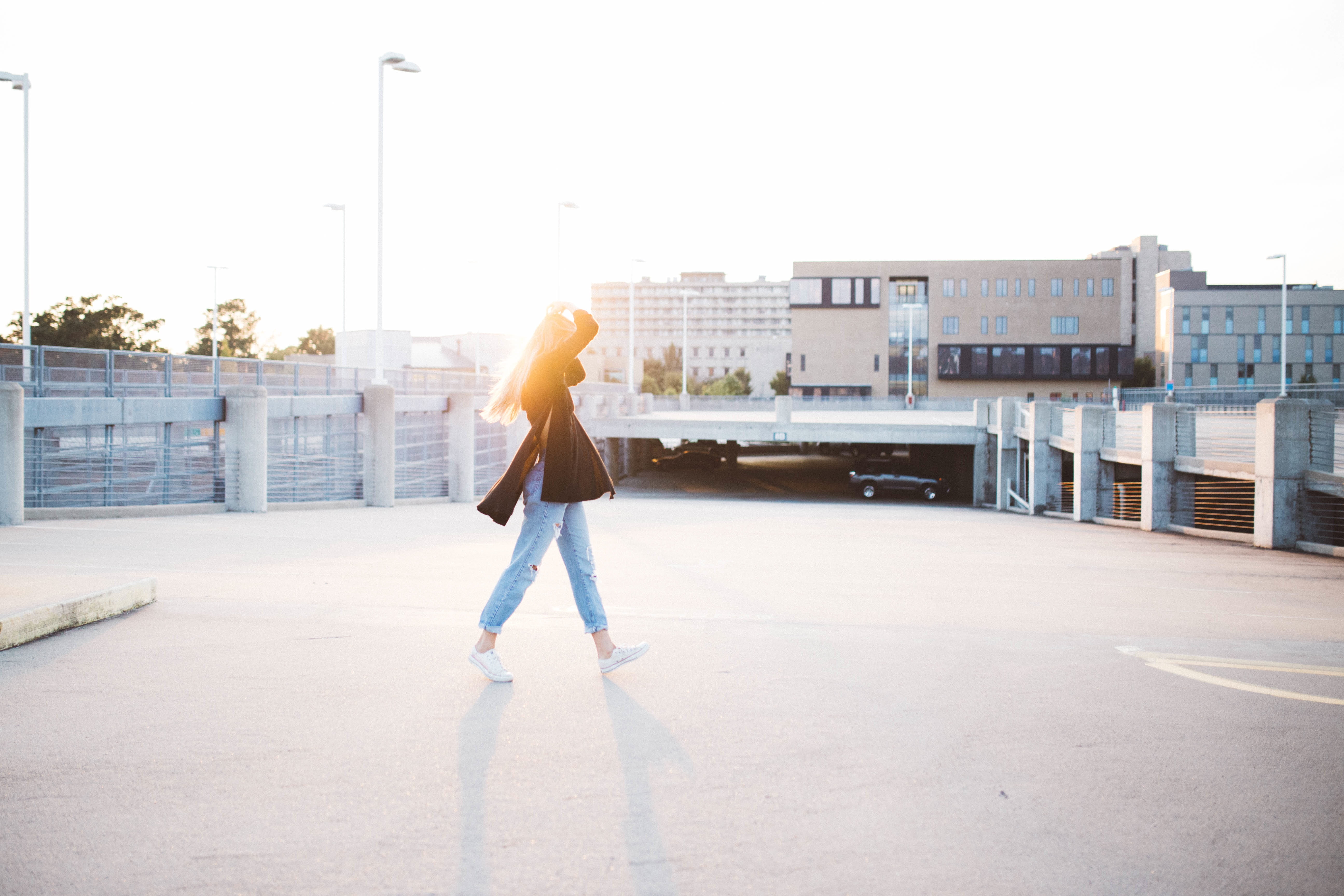 concrete, street, sky, dress, women, one young woman only, nature, built structure, architecture, jeans, blue, only women, one woman only, sunshine, copy space, HD Wallpaper