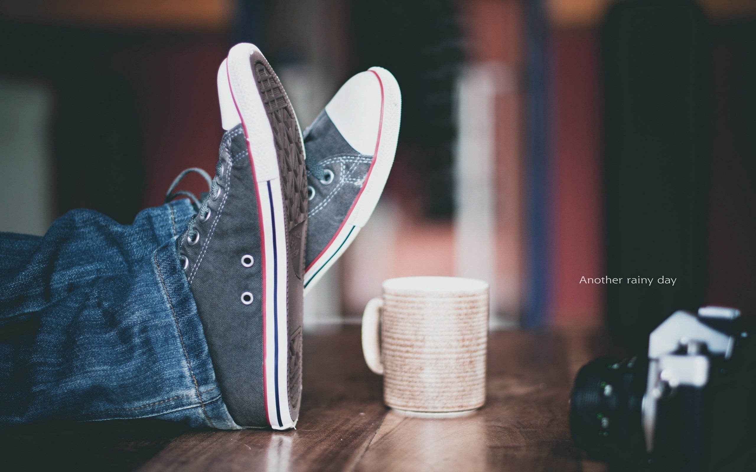 converse, clothing, sneakers, ceramic, mug, brown, white, selective focus, wood - material, 2K, shoes, denim, publication, shoe, mood, technology, black, HD Wallpaper