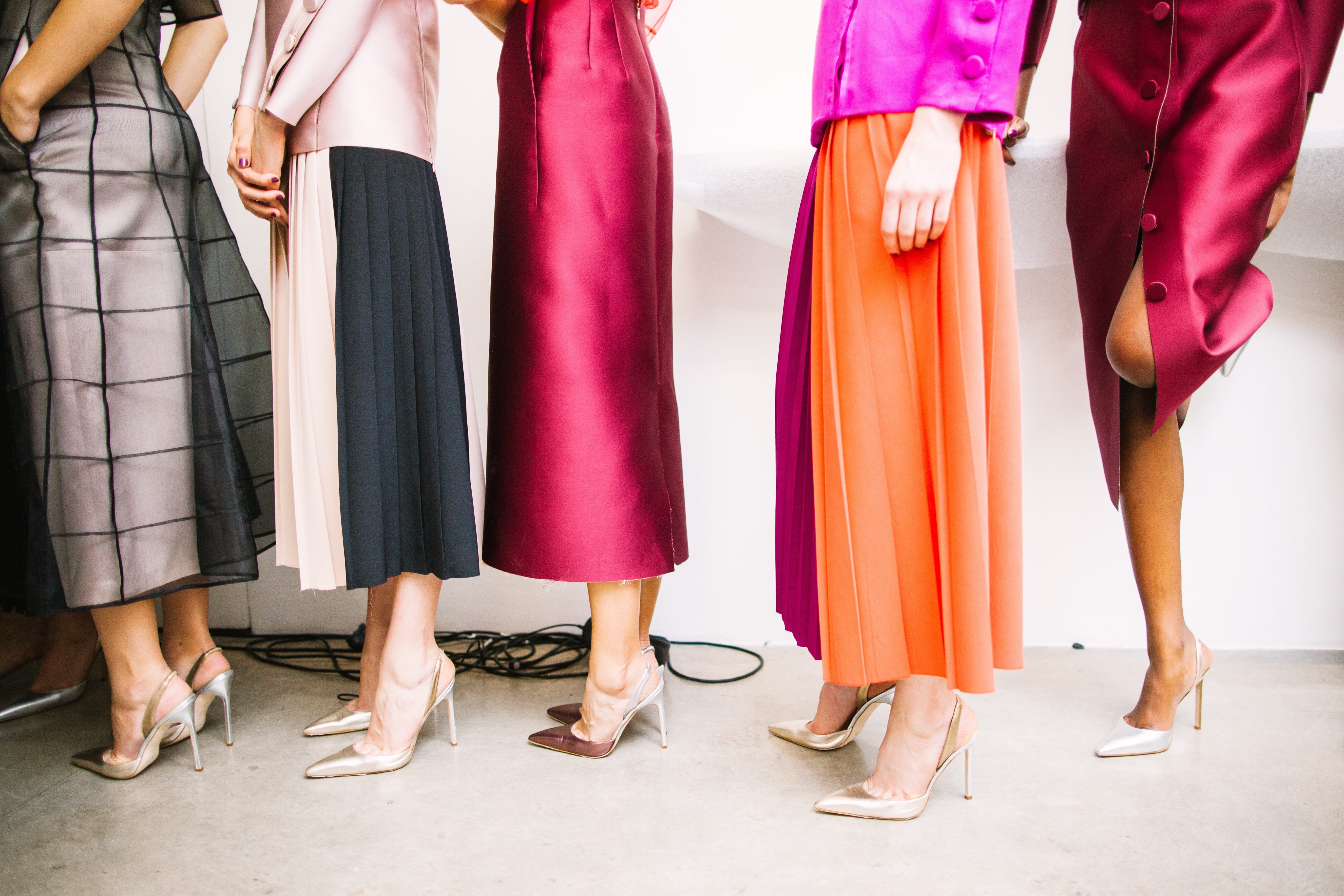 retail, group, model, young women, colorful, high heels, wall, store, standing, customer, low section, white, shoes, long gown, shopping, group of people, HD Wallpaper