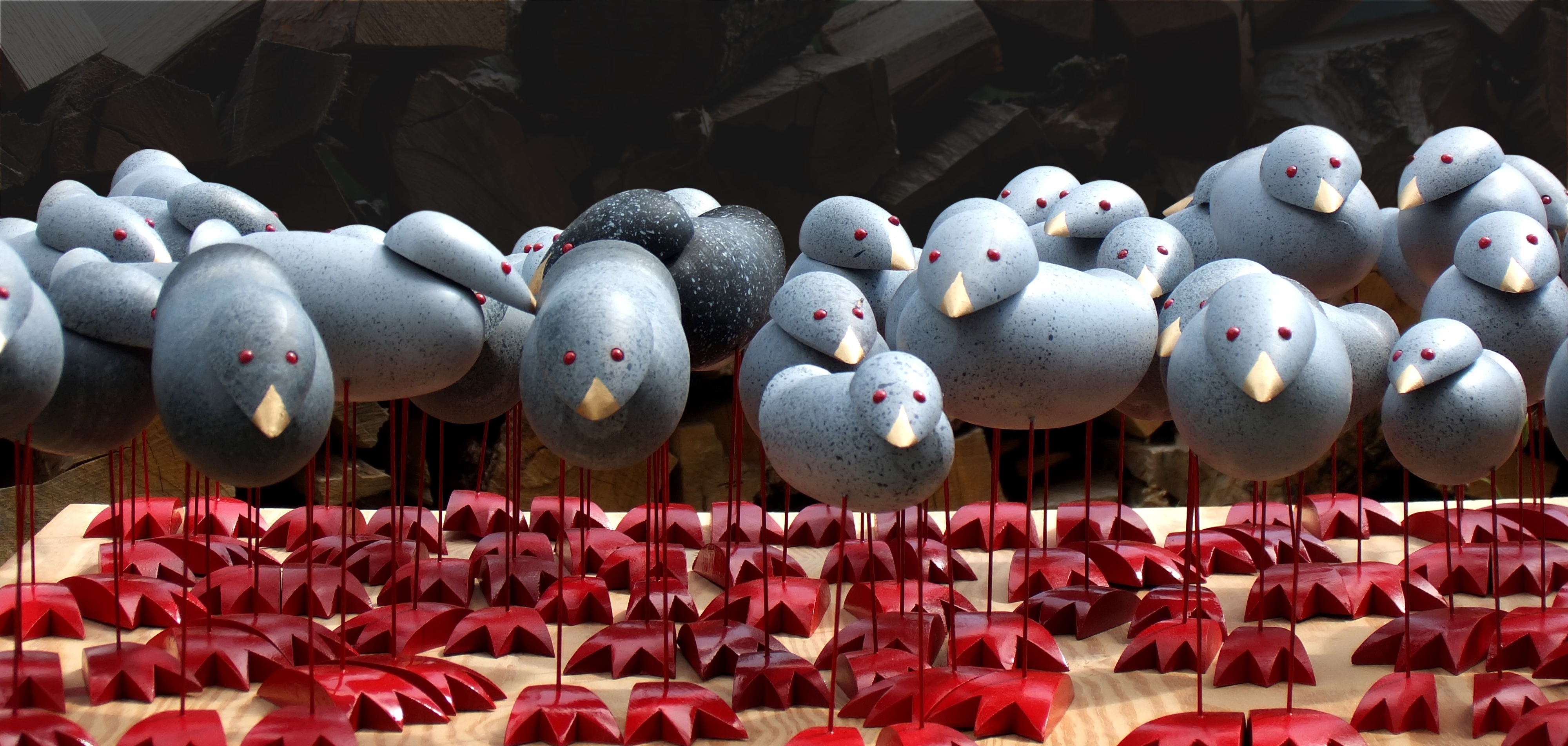 creativity, architecture, abundance, hanging, machines, in a row, large group of objects, bird, red, malcolm, handmade, day, no people, nature, wood, 4K, HD Wallpaper