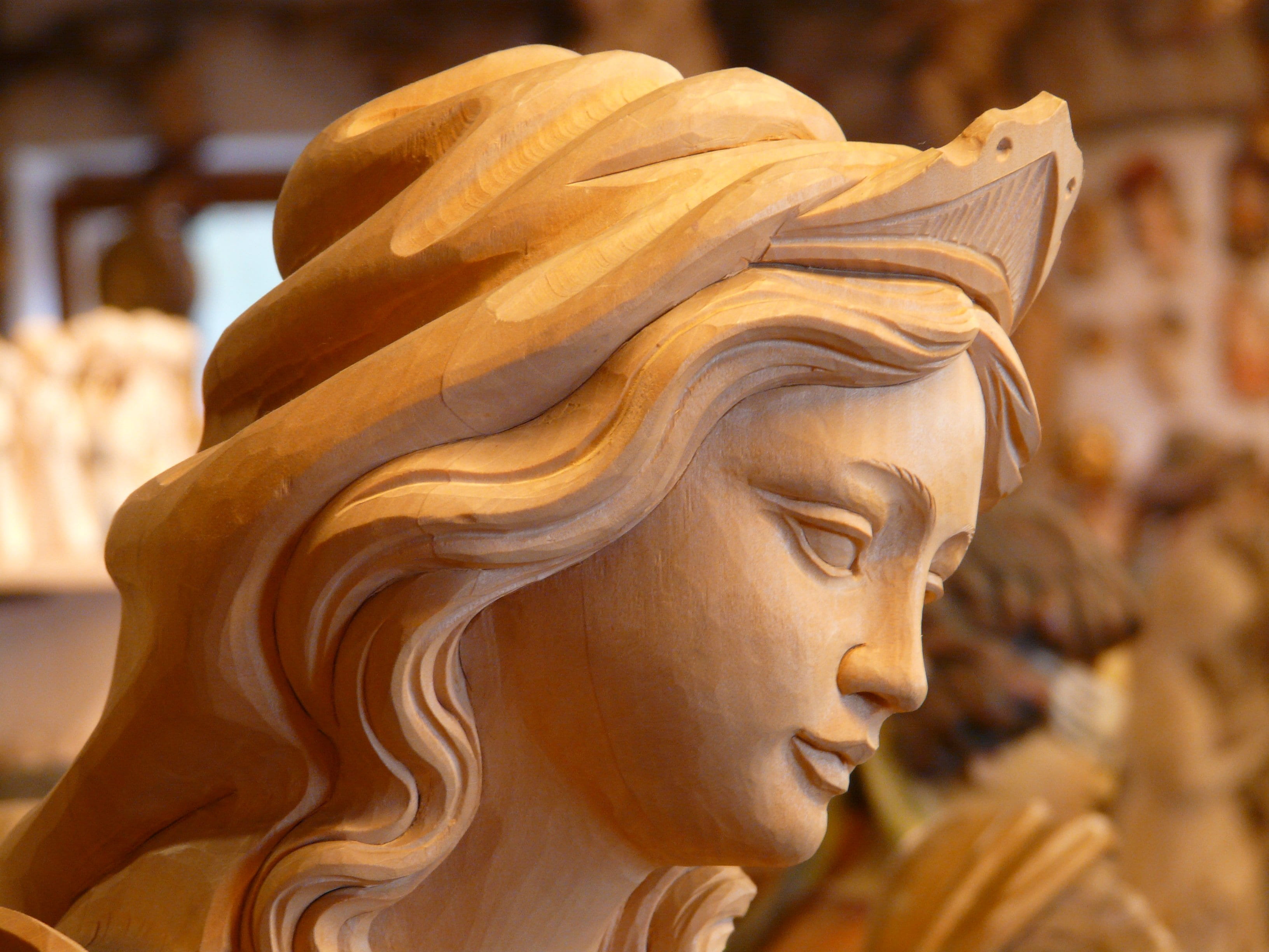 focus on foreground, grace, architecture, carving - craft product, madonna, face, history, 2K, the past, representation, profile view, craft, antique, HD Wallpaper