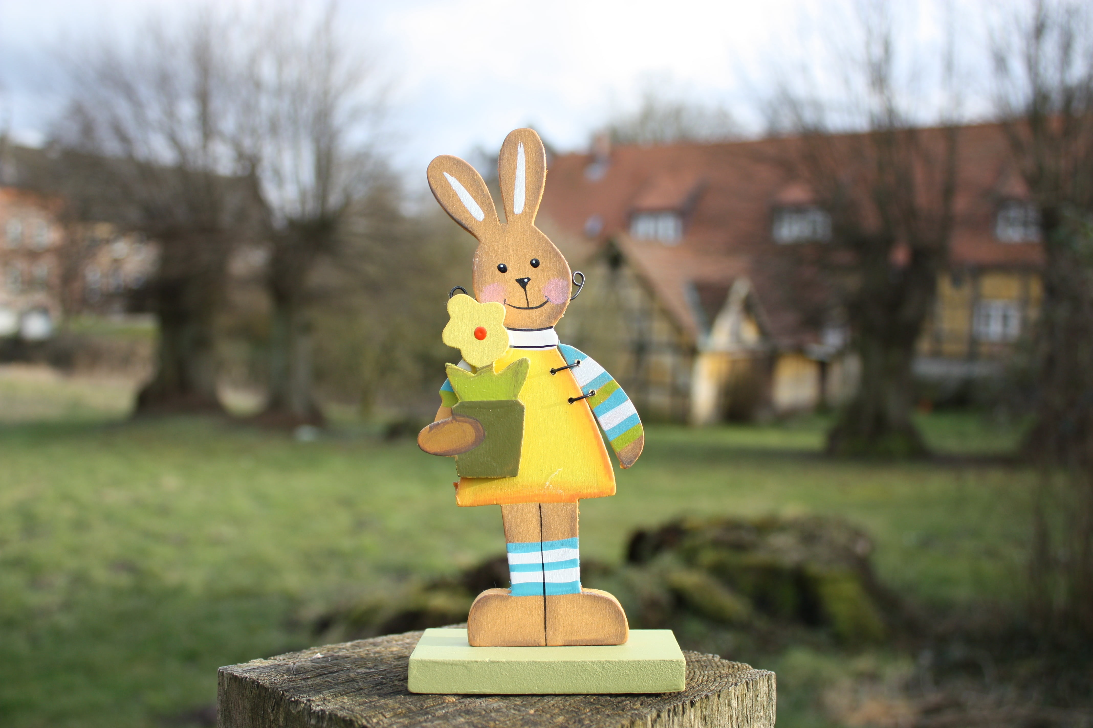plant, happy easter, toy, rabbit - animal, cute, hare girl, representation, spring, easter, animal, 4K, color, friendly, animal representation, tree, no people, HD Wallpaper