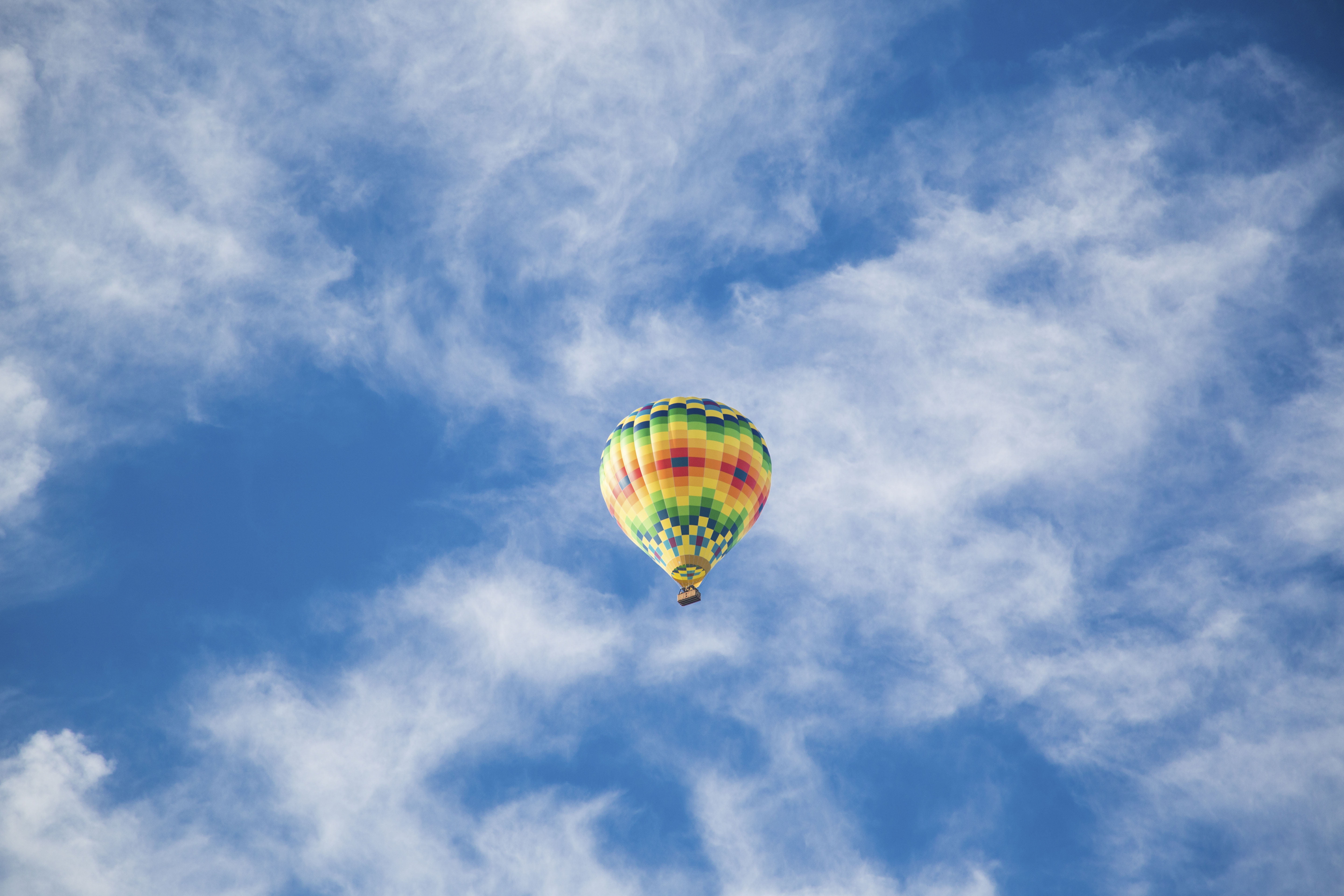 yellow, low angle view, hot Air Balloon, adventure, air, multi Colored, sky, aerial, wind, leisure activity, nature, mid-air, hot, no people, 5K, summer, HD Wallpaper