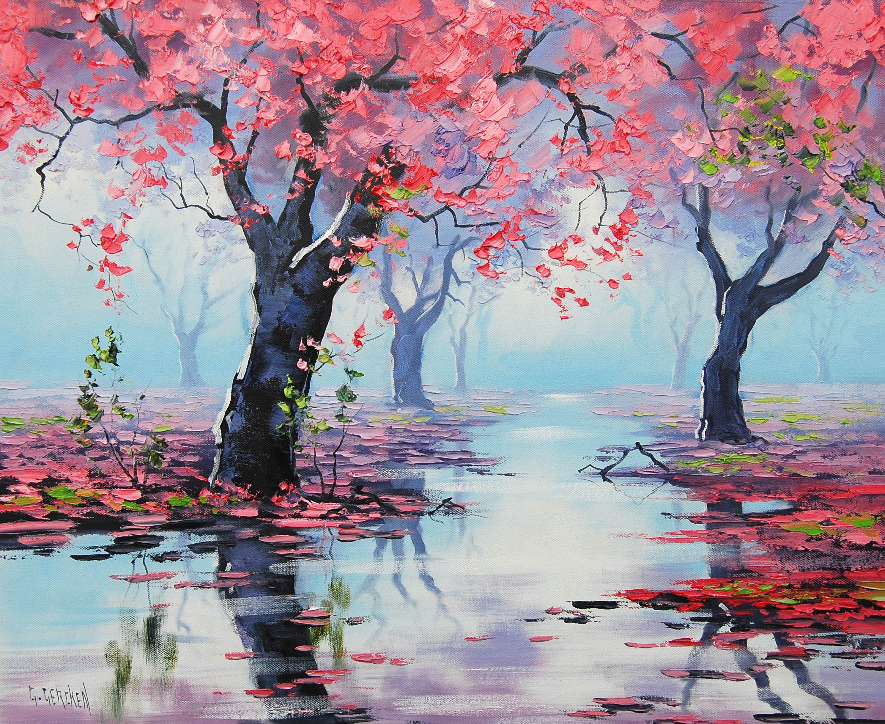 beauty In Nature, nature, branch, reflection, multi Colored, spring bossom reflections, backgrounds, pond, painting, scenics - nature, watercolor Painting, HD Wallpaper