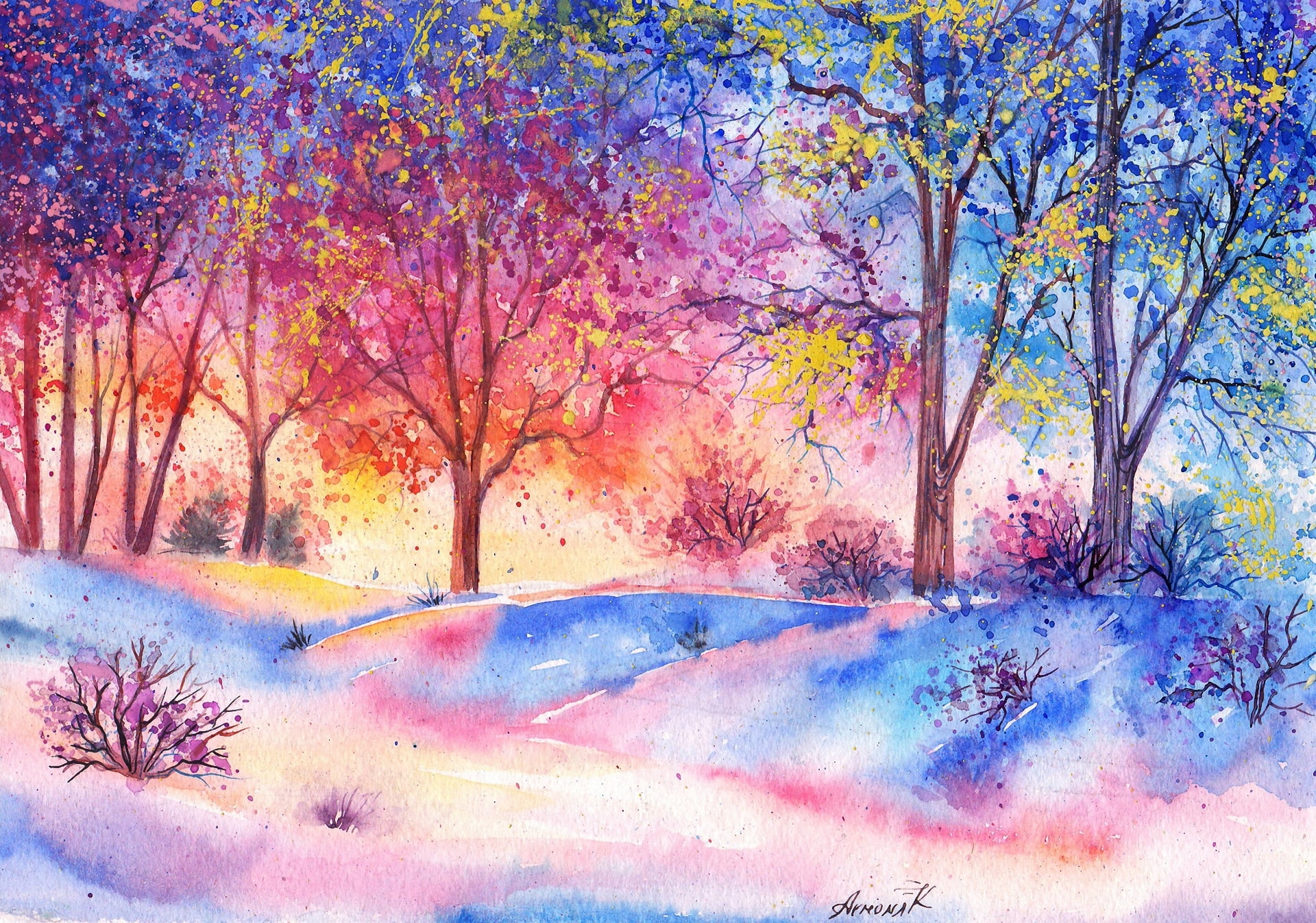 change, winter, illustration, nature, water, springtime, color Image, plant, no people, landscape, plant part, tree, environment, painting, trees, land, HD Wallpaper