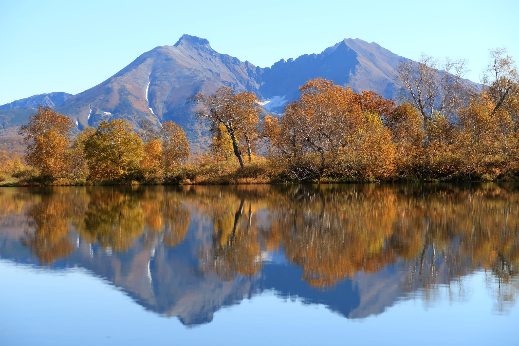 sky, idyllic, snowcapped mountain, beauty in nature, mountains, fall colors, outdoors, forest, mountain range, autumn, no people, waterfront, reflection, HD Wallpaper