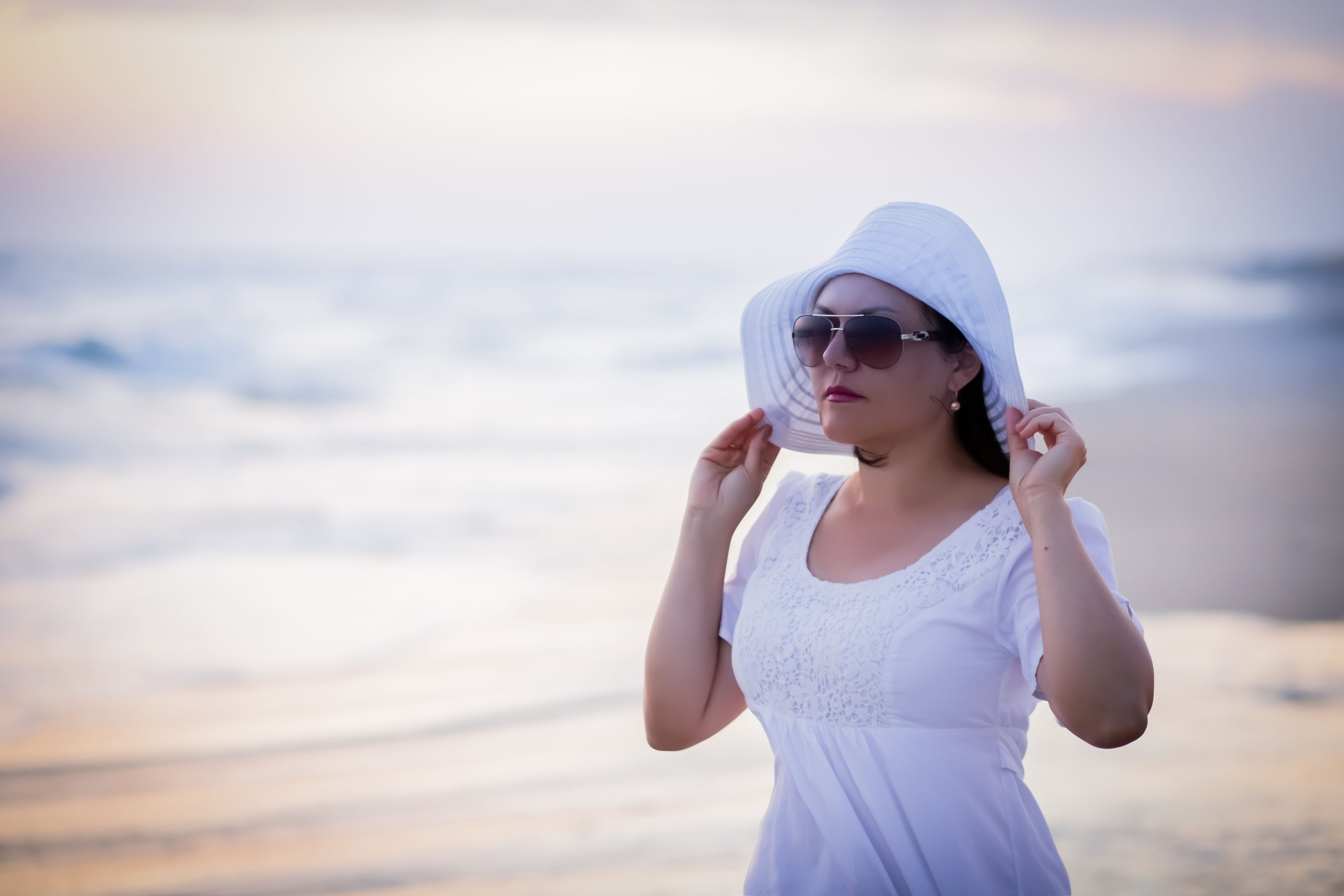 outdoors, beach, fashion, standing, women, glasses, lifestyles, girl, beautiful, woman, nature, sunset, appeasement, beautiful woman, real people, focus on foreground, HD Wallpaper