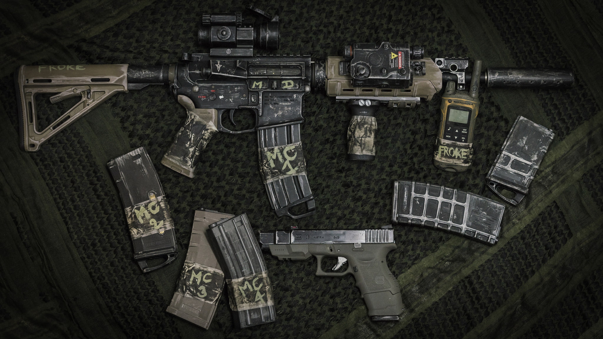 Glock 26, radio, 1080P, weapons, carabiner, assault rifle, HD Wallpaper