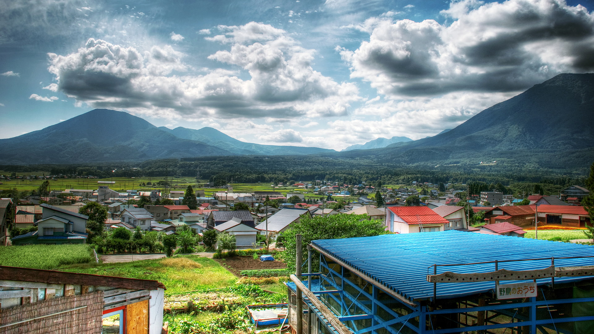 mountains, hd, hdr, landscape, town, houses, clouds, nature, 1080P, HD Wallpaper