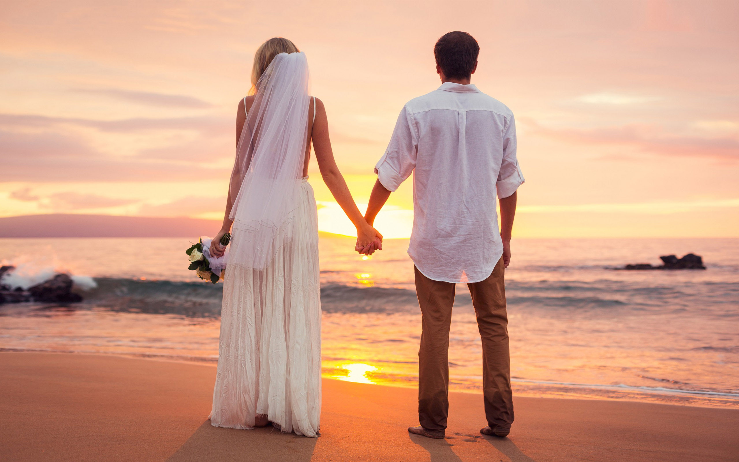 couple, sunset, hd, sea, love, beach, married, 2K, HD Wallpaper