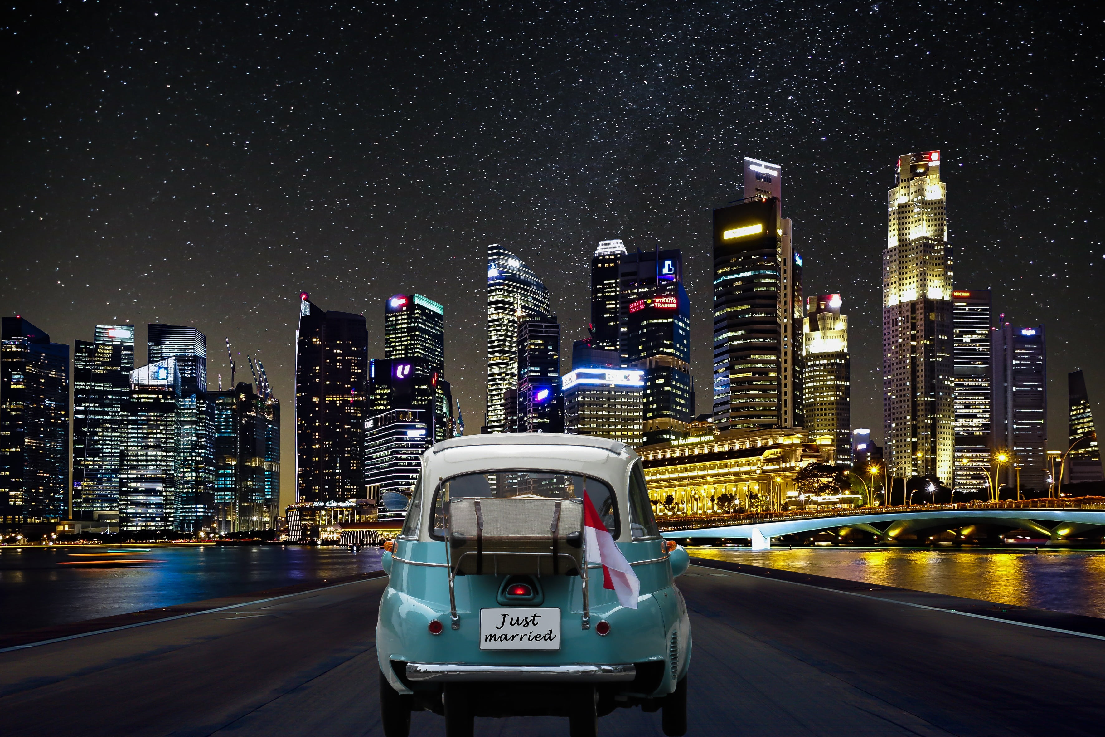 holiday, night, office, marriage, architecture, outdoors, building exterior, office building exterior, luggage, urban skyline, greeting card, road, honeymoon, HD Wallpaper