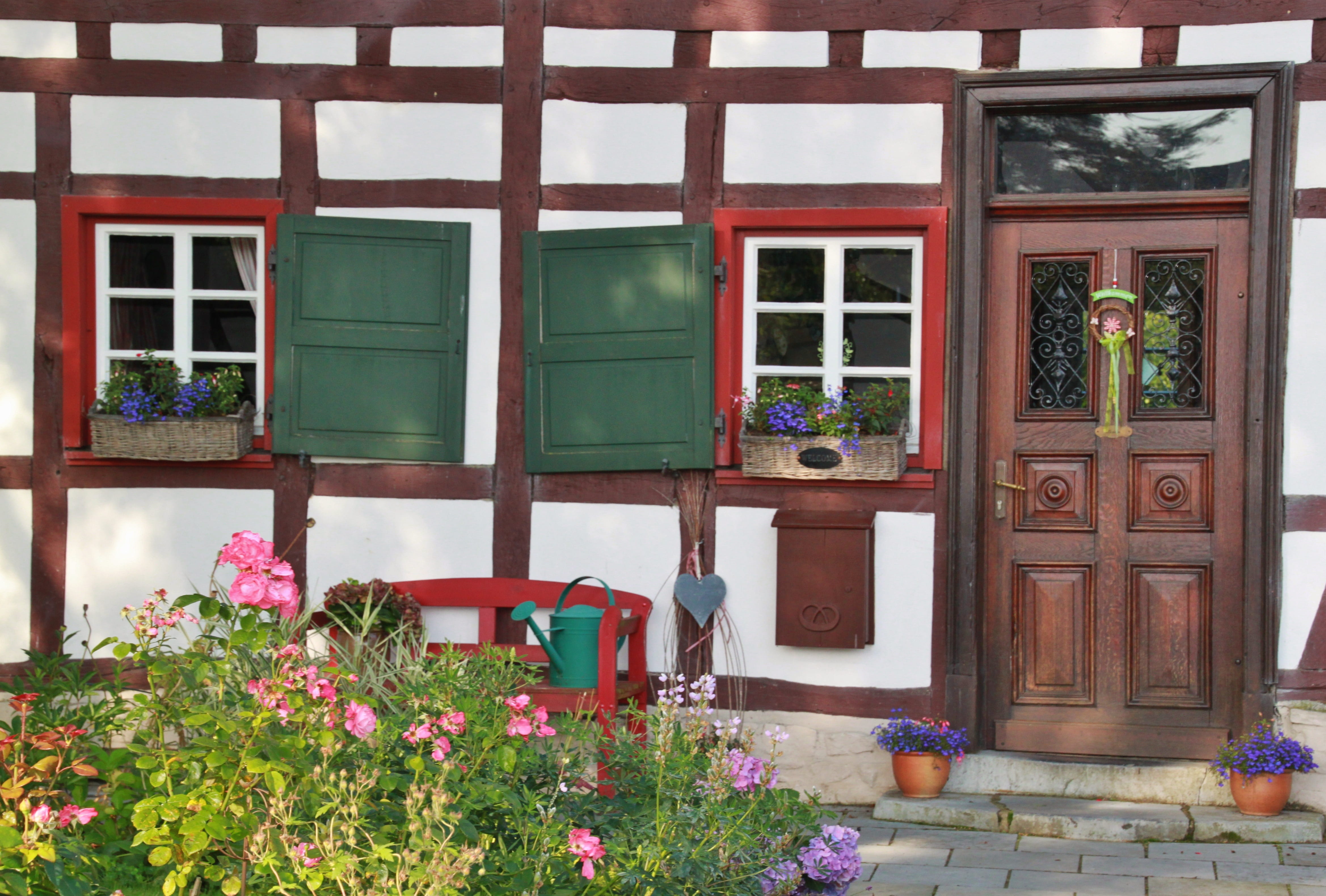 wood - material, plant, fachwerkhaus, flowering plant, flower, flowers, truss, window, shutter, lattice windows, timber framed building, glass - material, HD Wallpaper