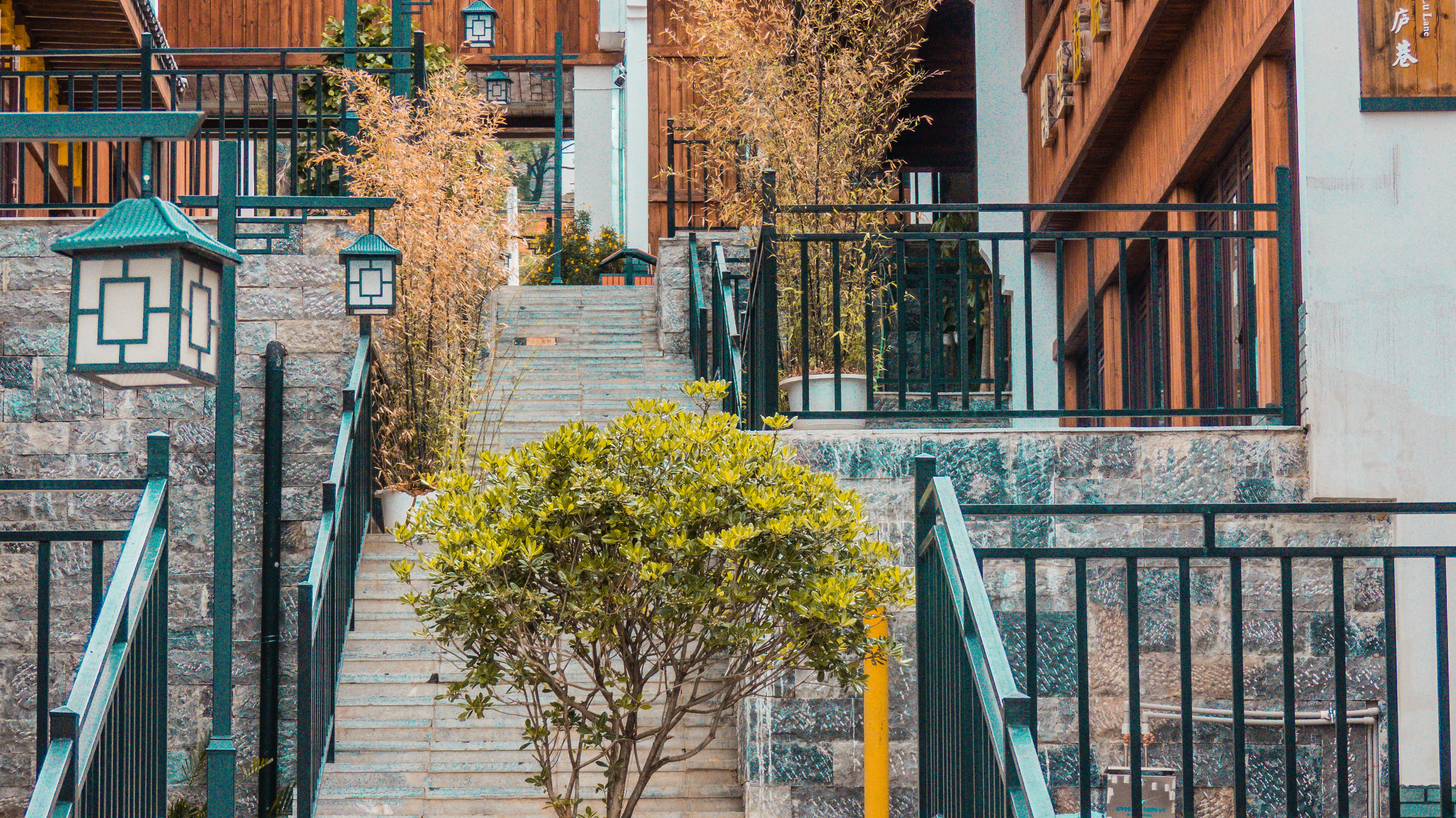 wood, apartment, residential district, blue, yunnan, staircase, asium, nature, outdoors, style, leafed, old, stairs, plants, 4K, new, lantern, building exterior, HD Wallpaper