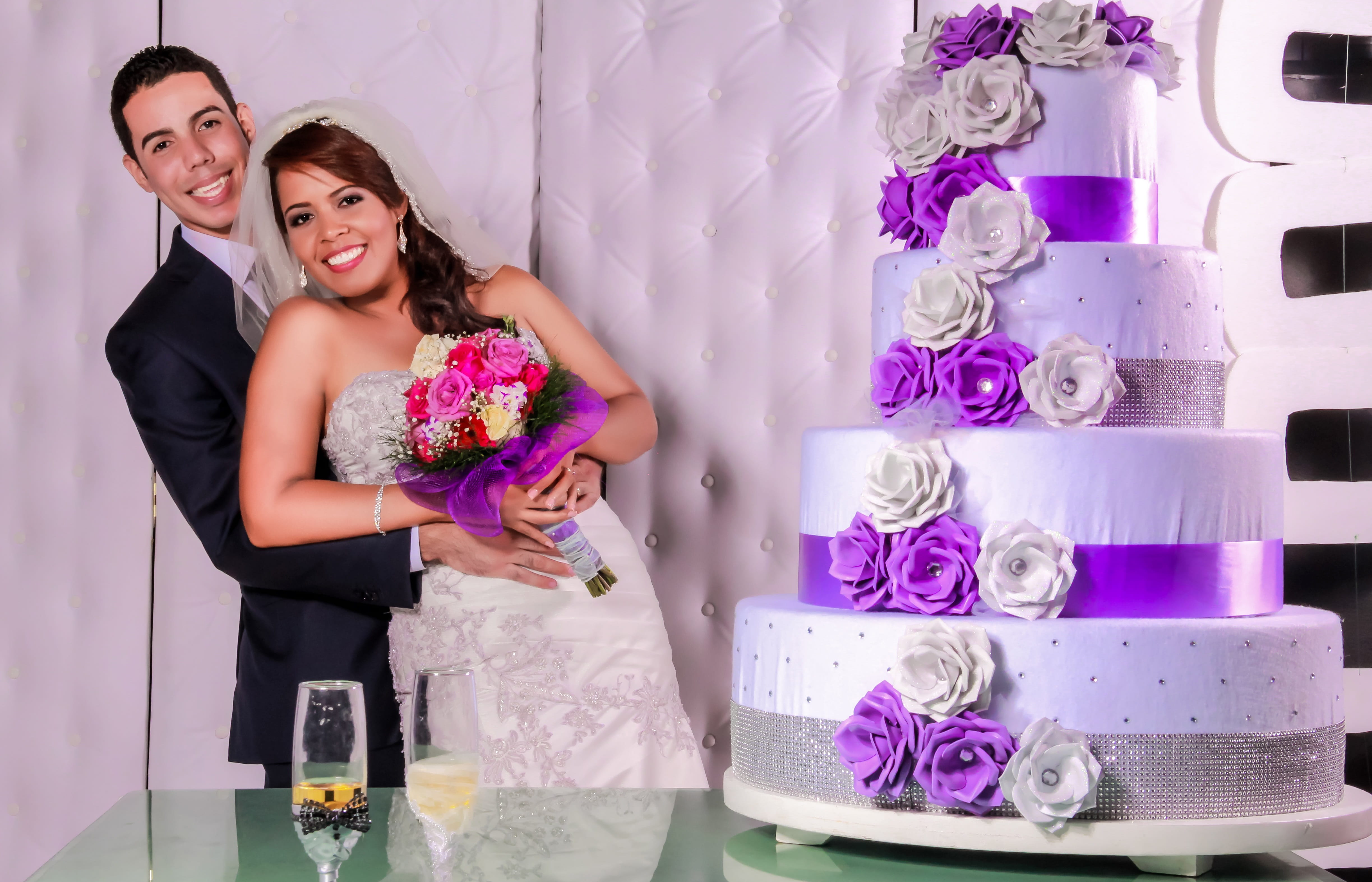 Married, adult, emotion, Grooms, positive emotion, flower arrangement, young adult, purple, standing, smiling, young women, fashion, women, Kiss, bouquet, HD Wallpaper