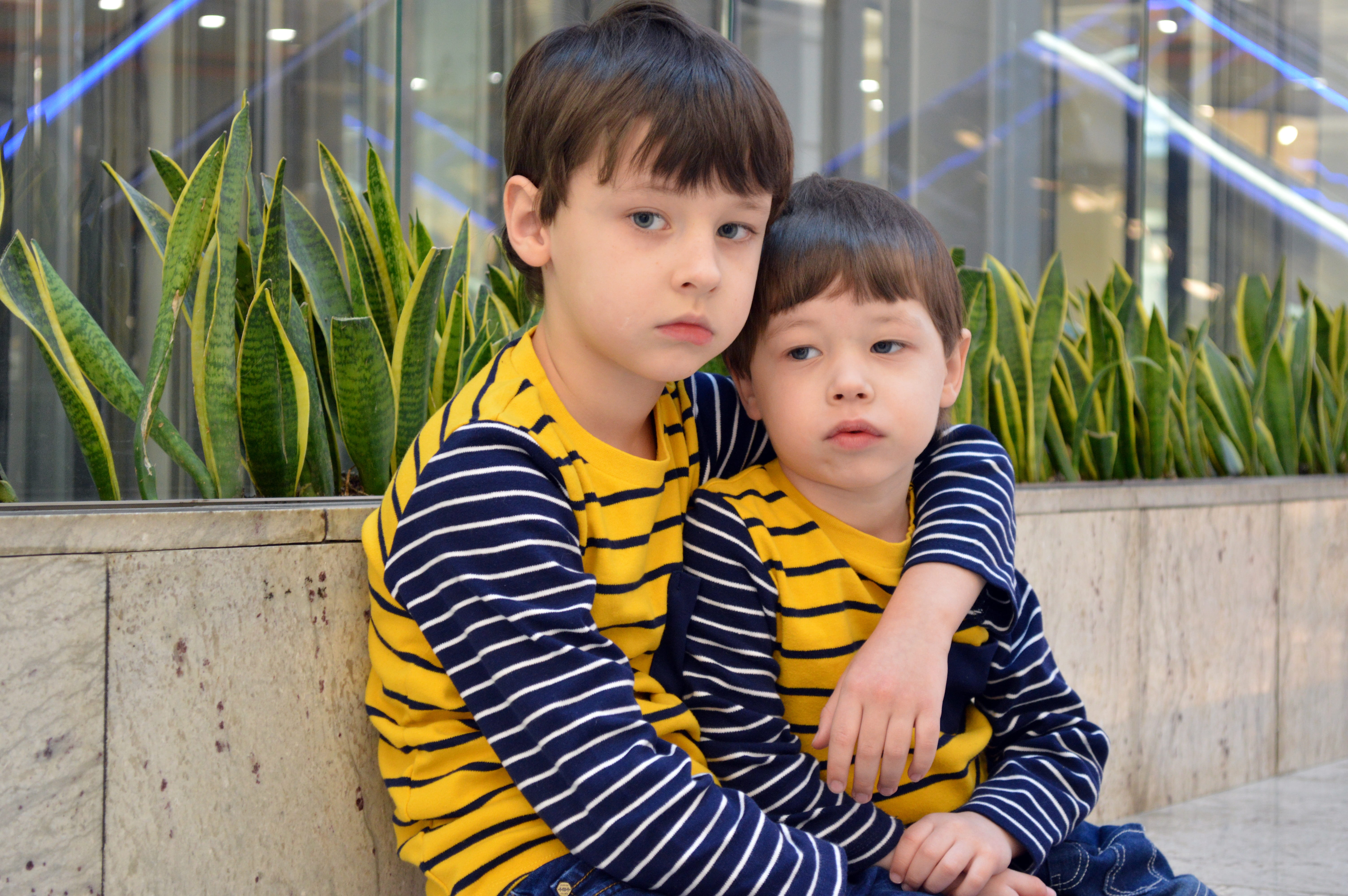 striped, real people, emotion, kids, family, boys, child, sweatshirts, in the building, outdoors, sitting, casual clothing, two, wearing, baby, togetherness, HD Wallpaper