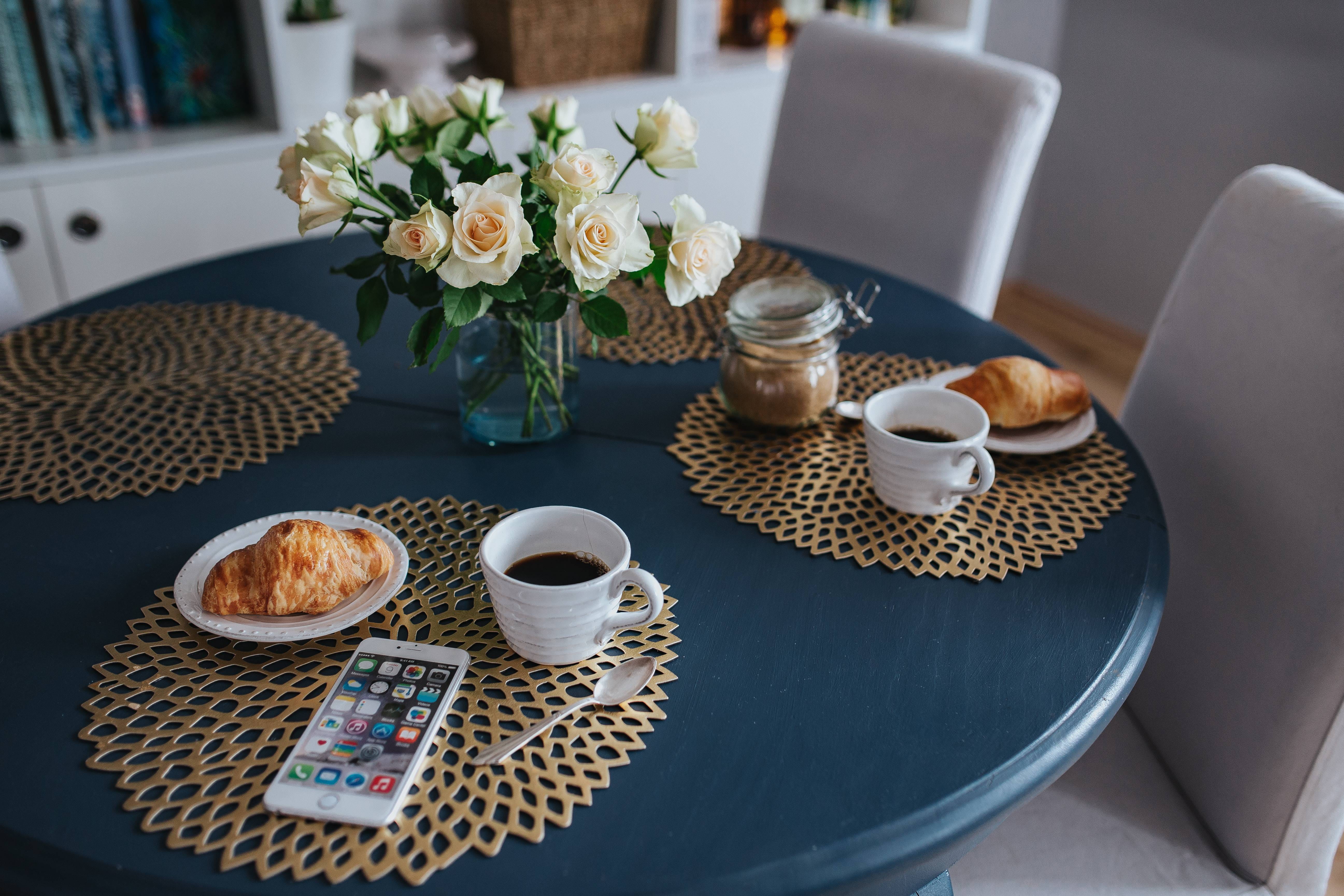 cup, coffee, breakfast, chair, coffee - drink, refreshment, bouquet, flower arrangement, tray, plate, freshness, high angle view, drink, plant, mug, white, HD Wallpaper
