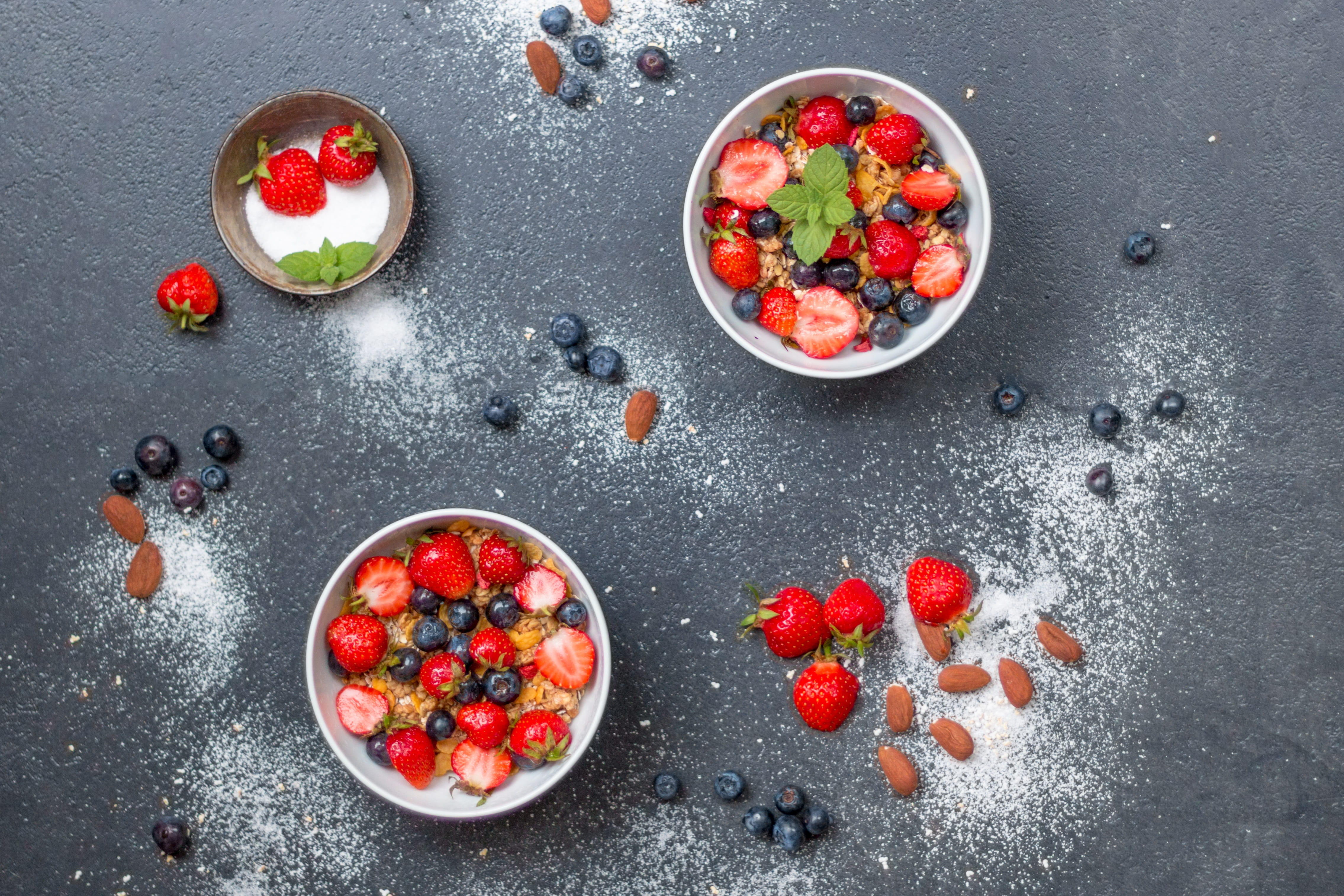 appetizing, from above, white, müesli, freshness, benefit from, healthy, strawberry, kitchen utensil, red currant, round, high angle view, oats, healthy eating, HD Wallpaper
