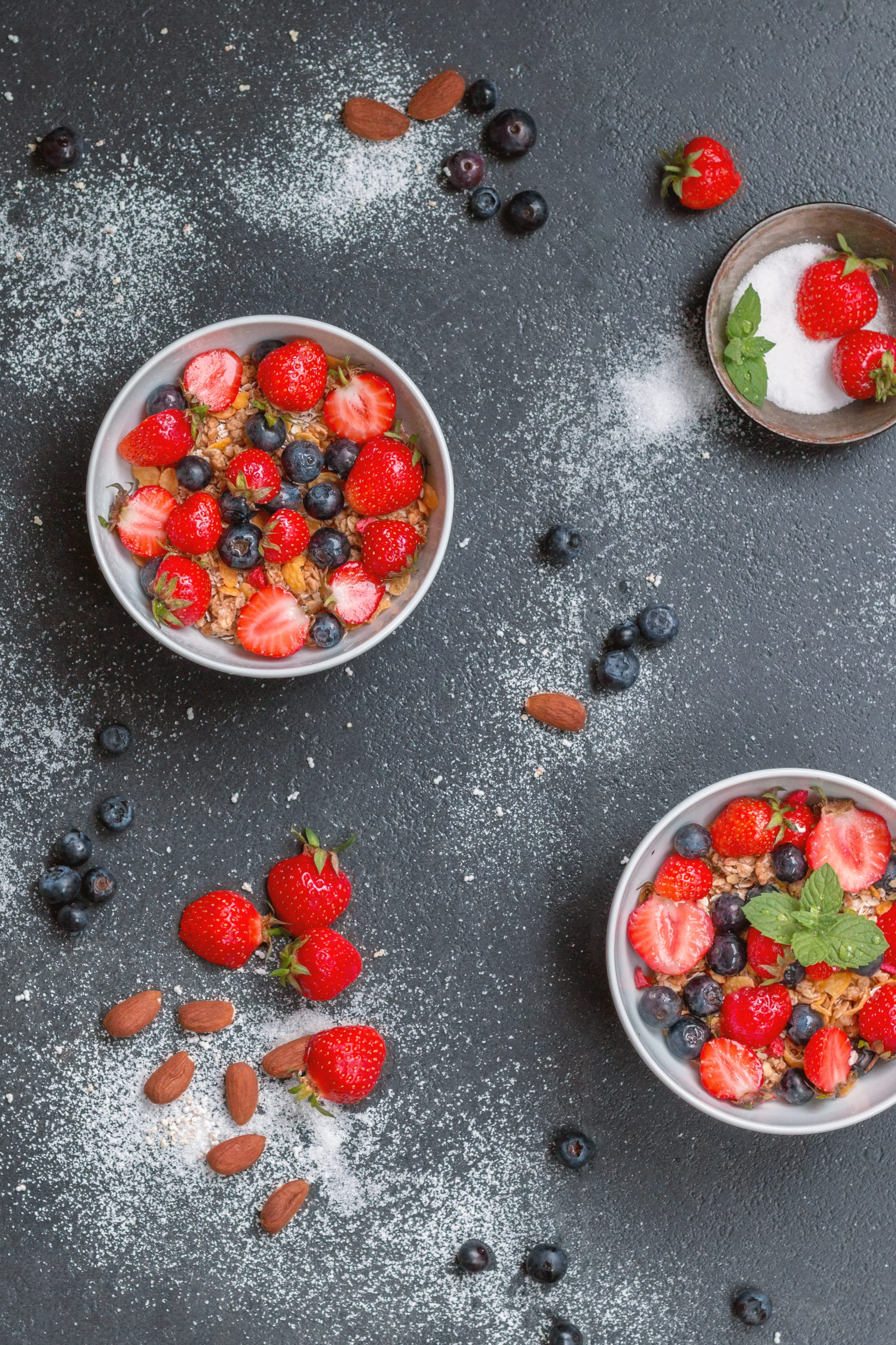 from above, muesli, healthy eating, red, vitamins, stone, 4K, healthy, fruits, high angle view, gray, strawberry, freshness, photography, studio shot, Phone HD Wallpaper