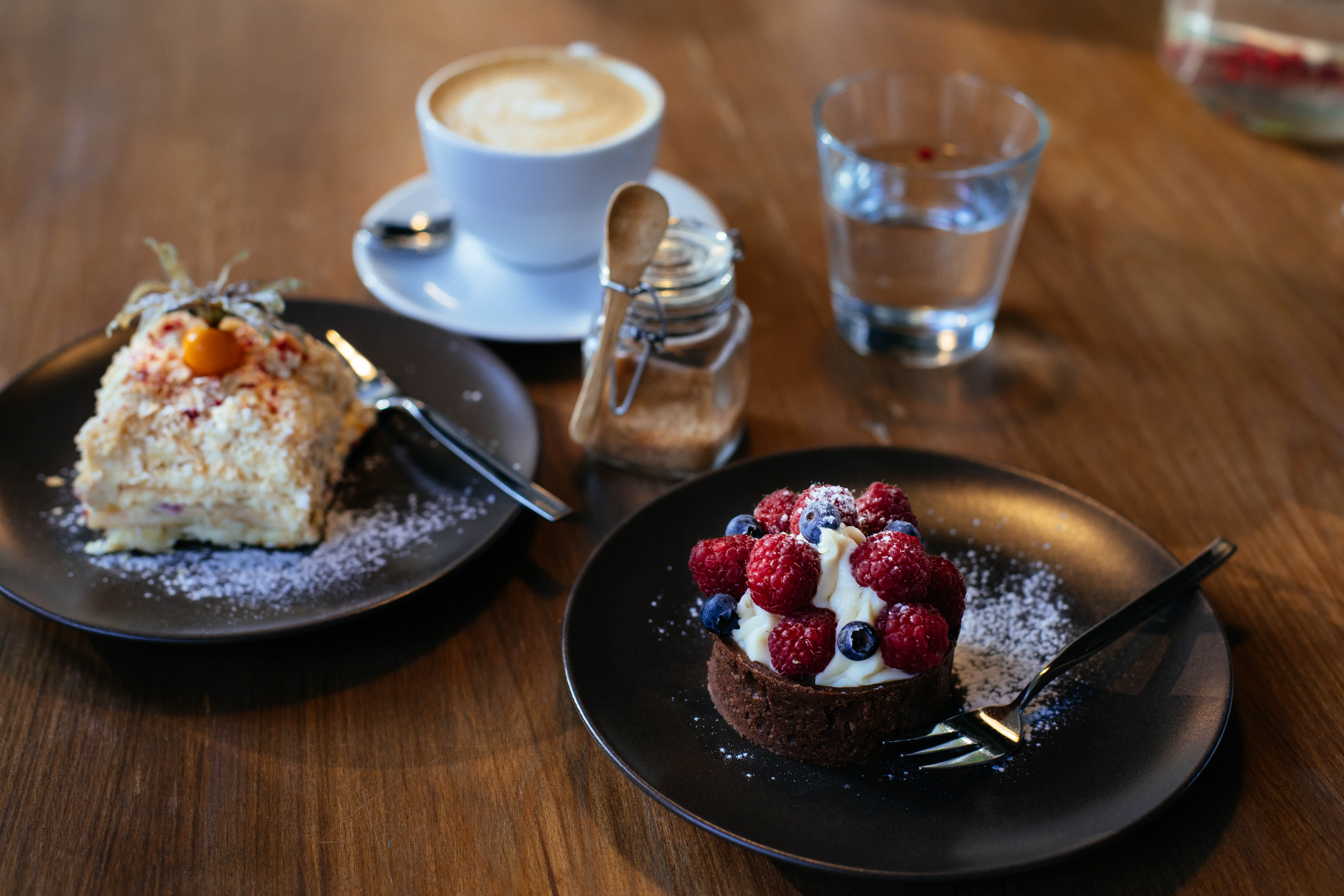 glass, dessert, blueberries, coffee, table, selective focus, chocolate, two, indoors, fruit, food, breakfast, indulgence, freshness, sweet food, served, HD Wallpaper