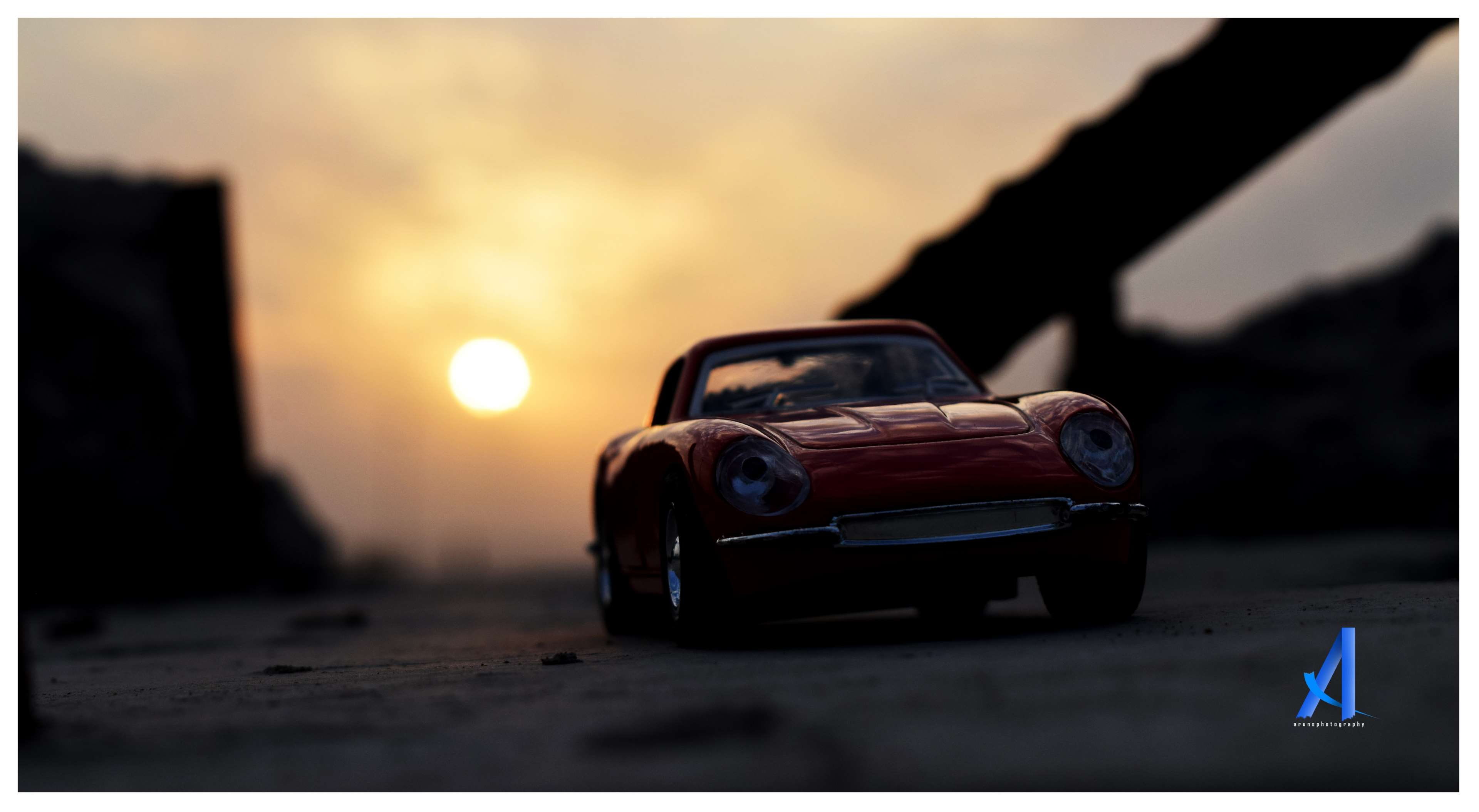 arunsphotography, nature, cloud - sky, sun, sun set, 4K, toy, vintage car, land vehicle, selective focus, sunset, outdoors, toy car, car, one person, transfer print, HD Wallpaper