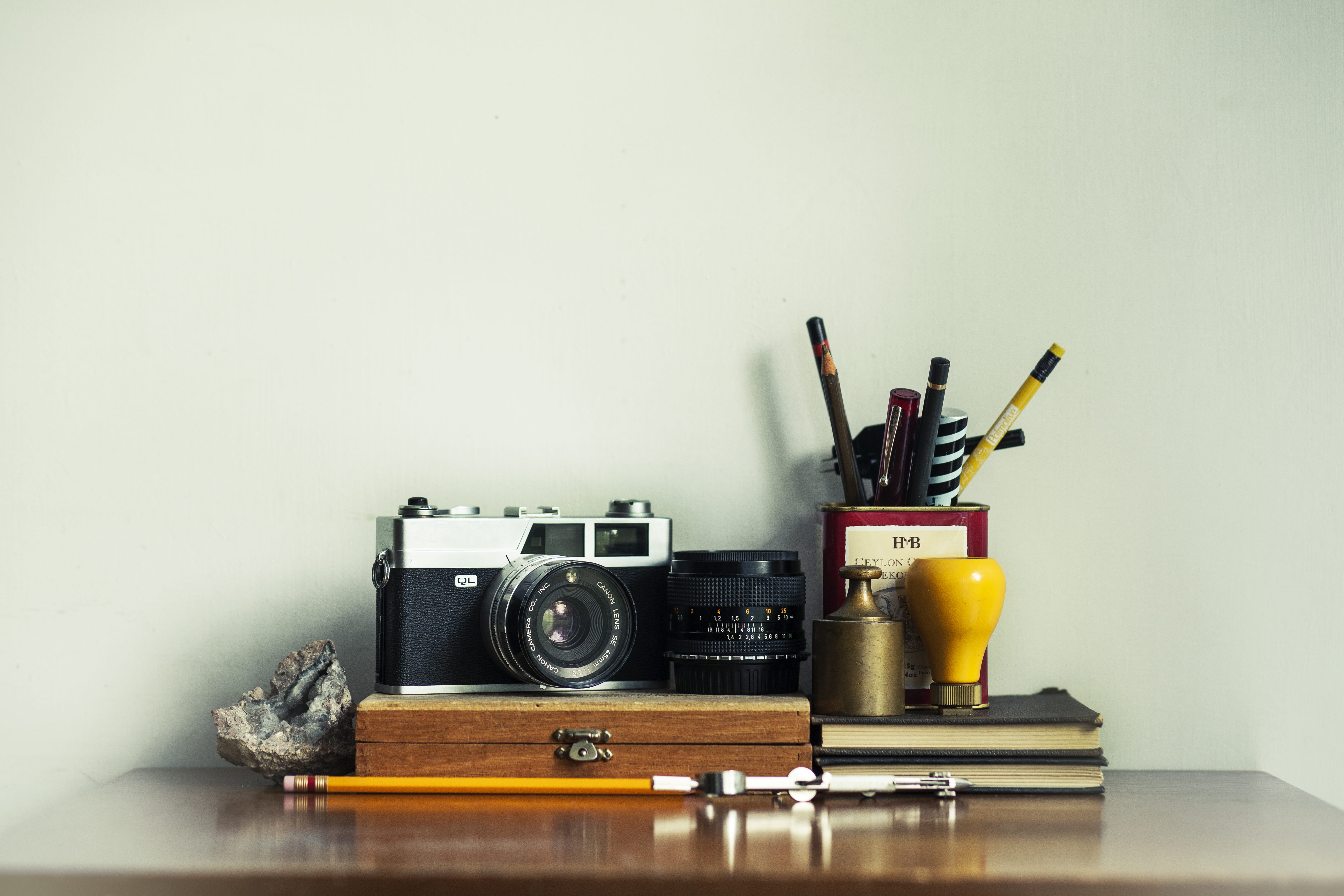 retro styled, pen, case, rock, colored background, pot, lens, filming, sextant, 5K, still life, large group of objects, no people, creativity, studio shot, HD Wallpaper