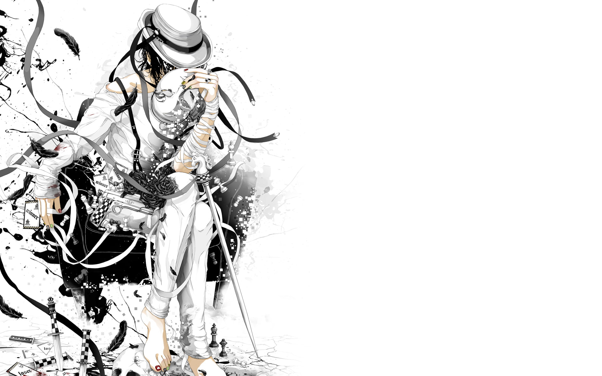 knives, card, skull, hat, 1080P, tape, chess, feathers, gun, roses, mask, guy, HD Wallpaper