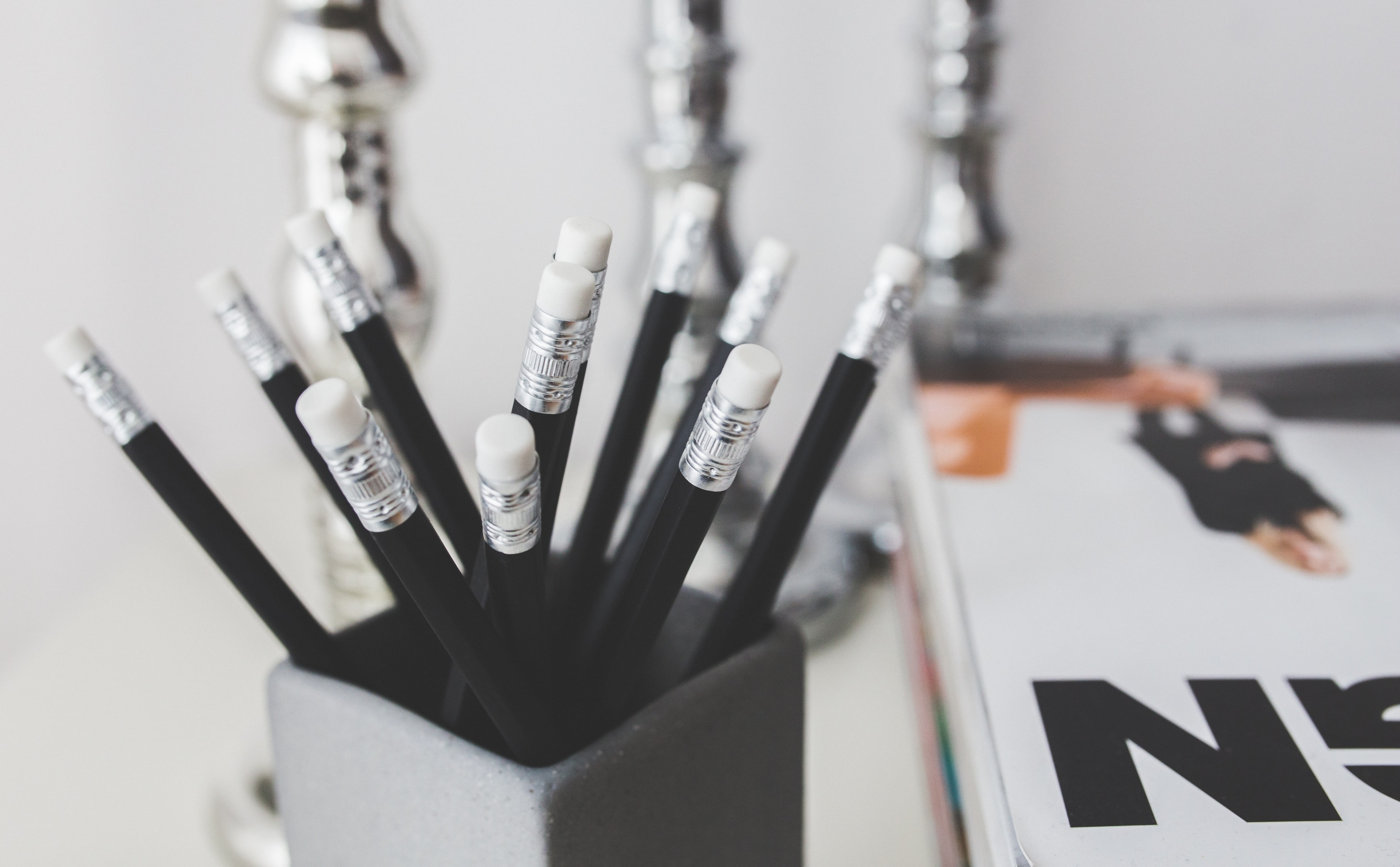 Black, 5K, black pencils, group of objects, communication, White, pen, paper, black color, beauty, equipment, Pencil, ink, Work, indoors, selective focus, HD Wallpaper