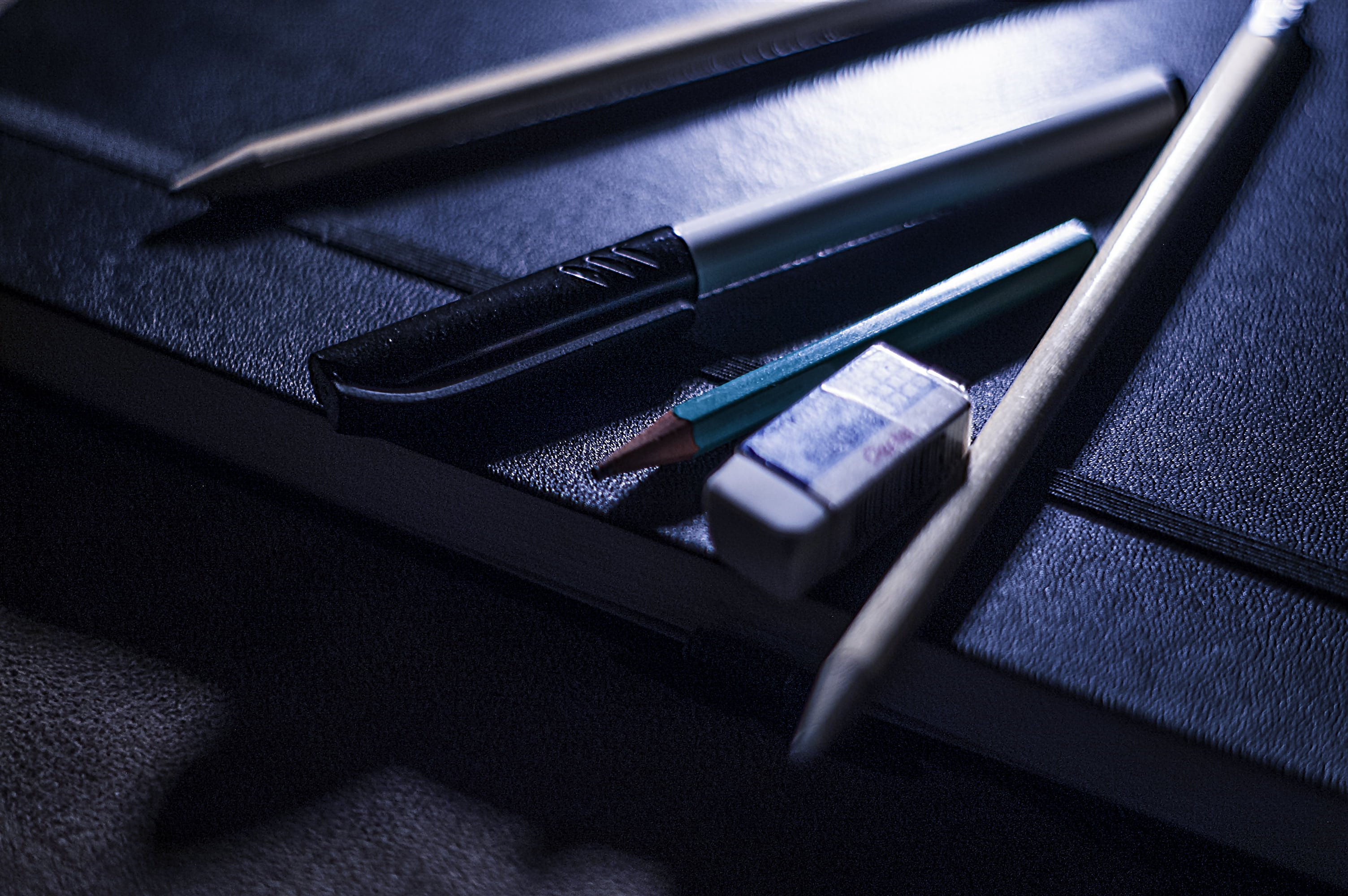 still life, indoors, pencil, creative, communication, beside, blue, desk, electronic organizer, portable information device, mobile phone, eraser, tools, HD Wallpaper